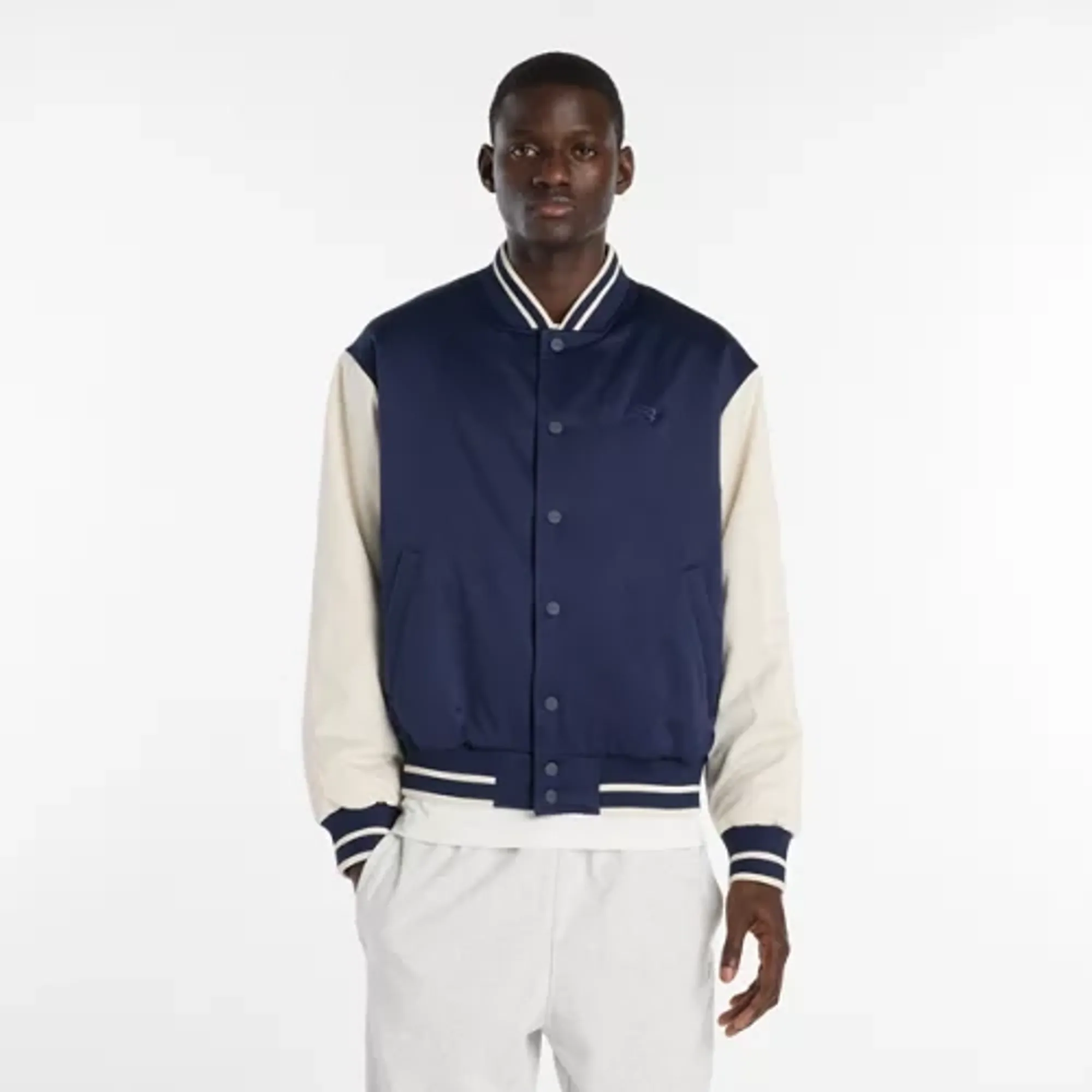 New Balance Men's Athletics Varsity Jacket in Blue/Beige Cotton Twill