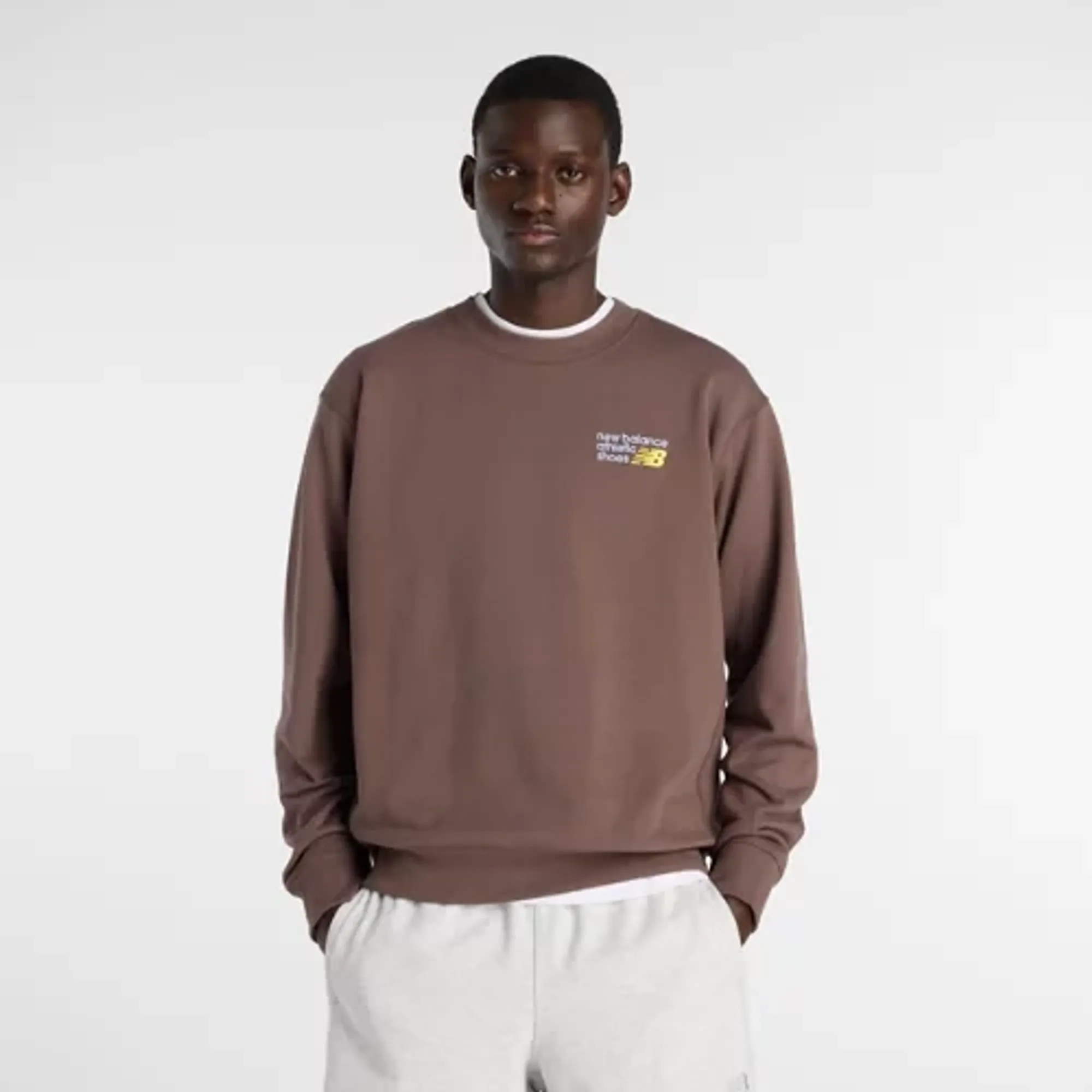 New Balance Men's Athletics Premium Logo Crew in Brown Cotton Fleece