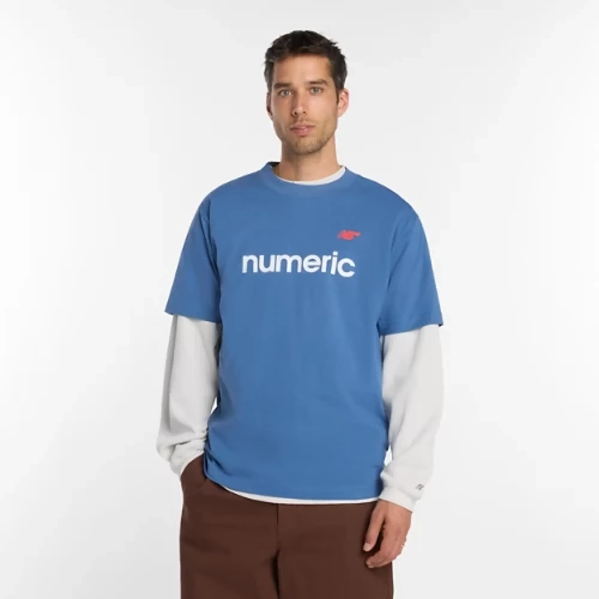 New Balance Men's Numeric Linear Logo T-Shirt in Blue Cotton Jersey