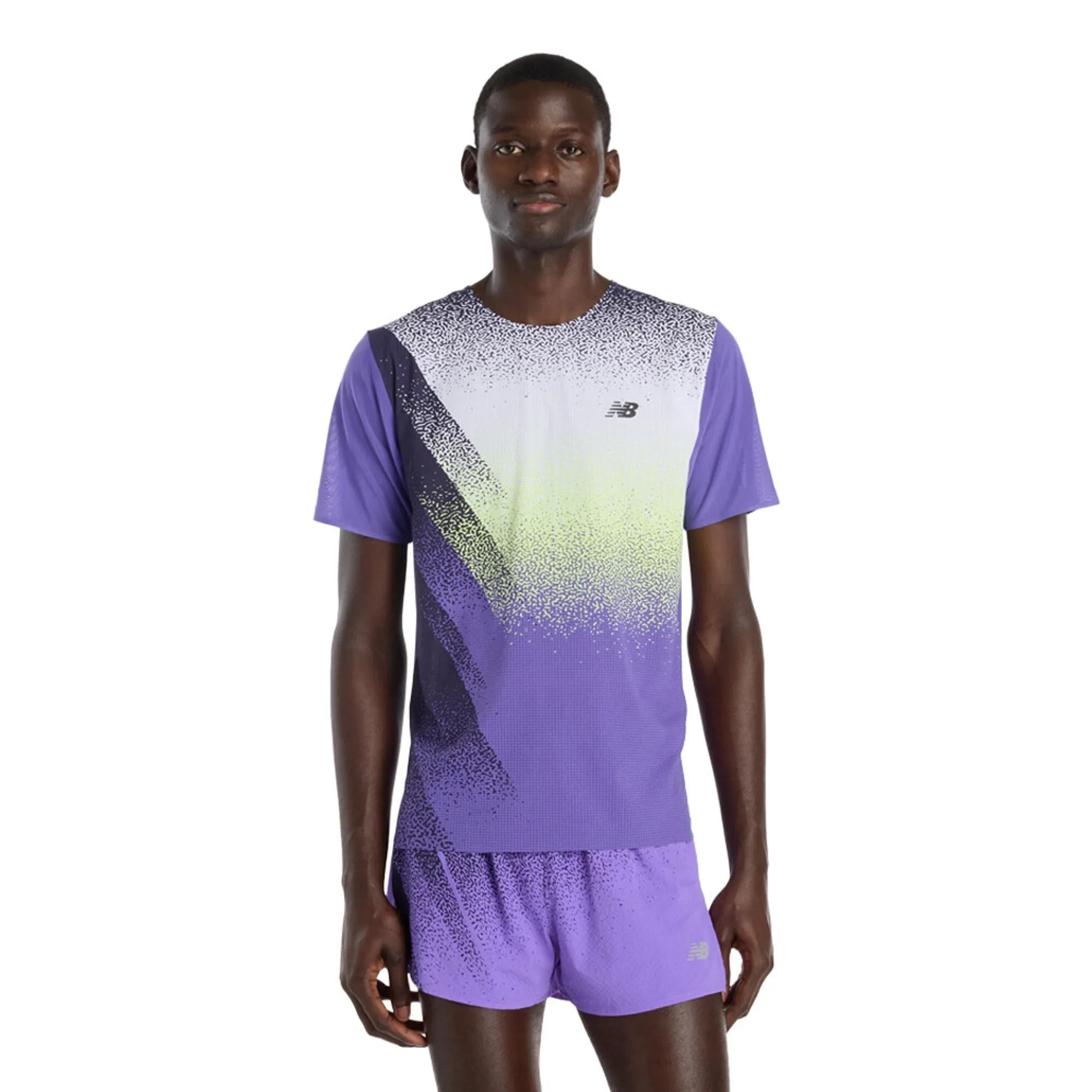 New Balance Men's Race Day Ultra Light Printed T-Shirt in Purple/White Poly Knit