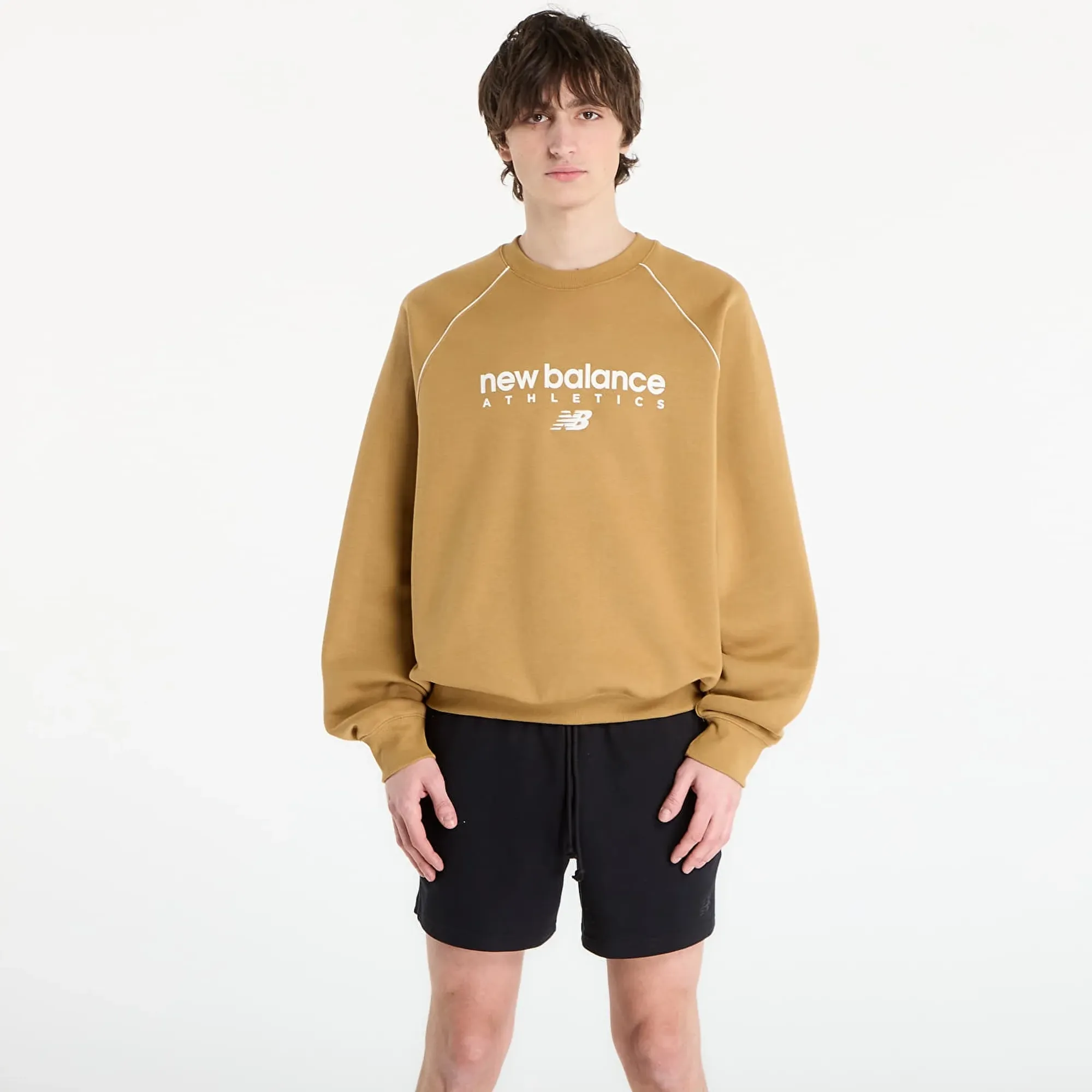 New Balance Men's Trackside Fleece Crew in Brown/White Poly Fleece