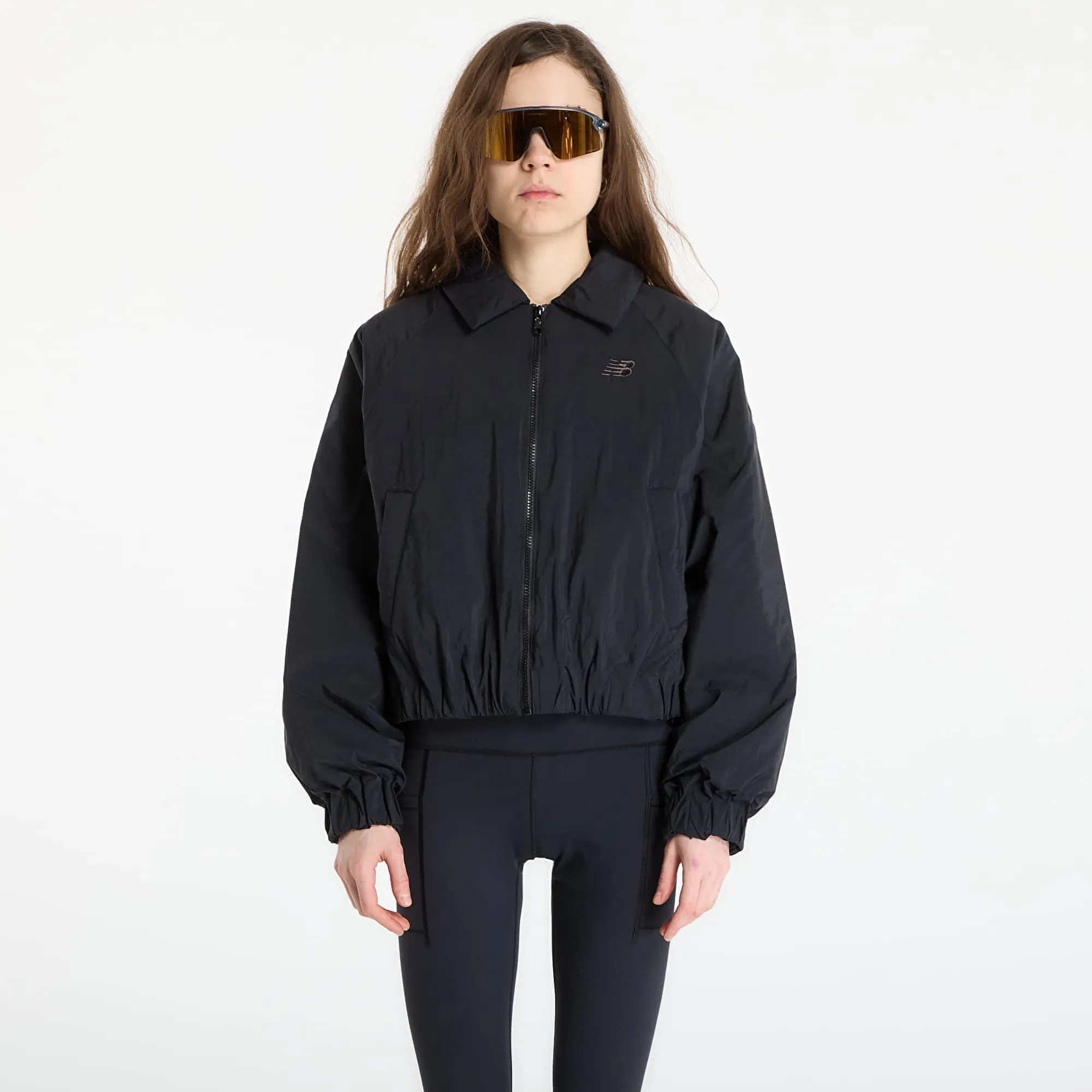 New Balance Women Woven Bomber Jacket in Black Nylon Woven