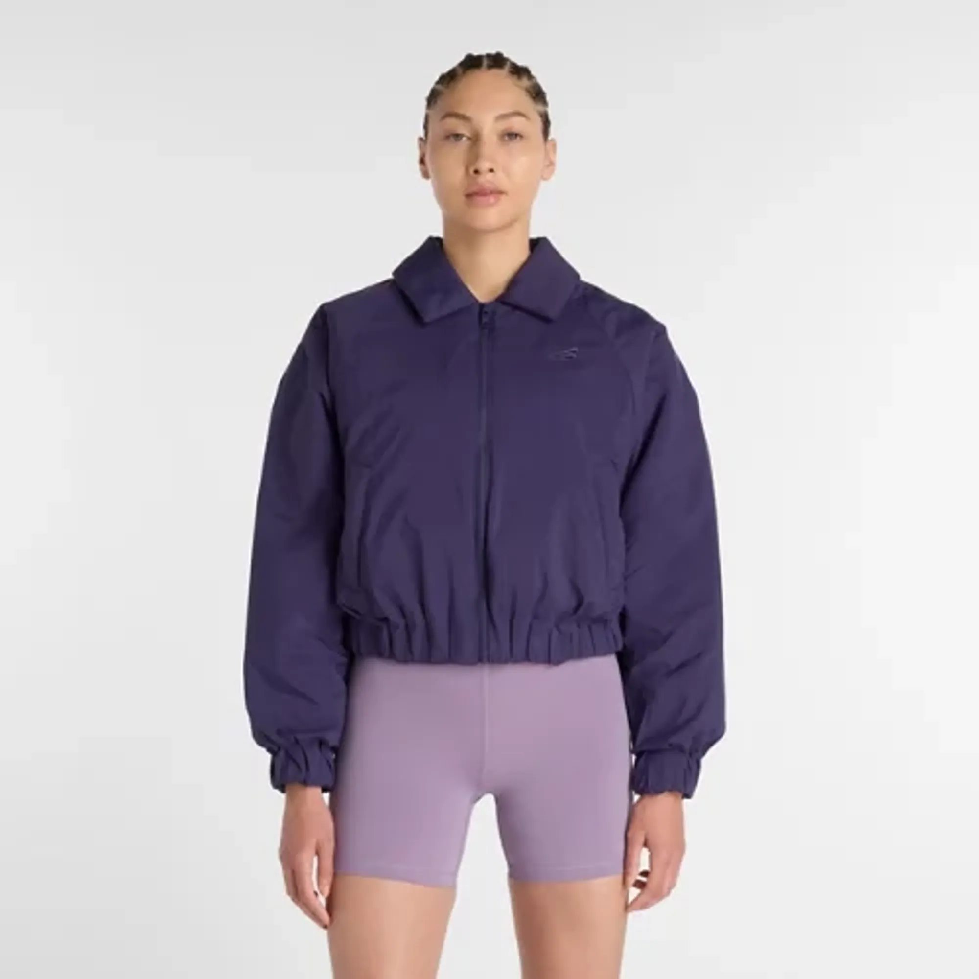 New Balance Women Woven Bomber Jacket in Purple Nylon Woven