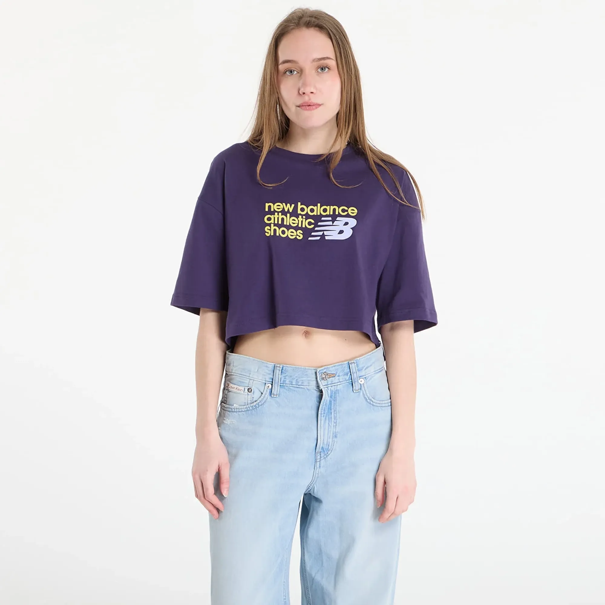 New Balance Women Athletics Premium Chest Logo Cropped T-Shirt in Purple Cotton