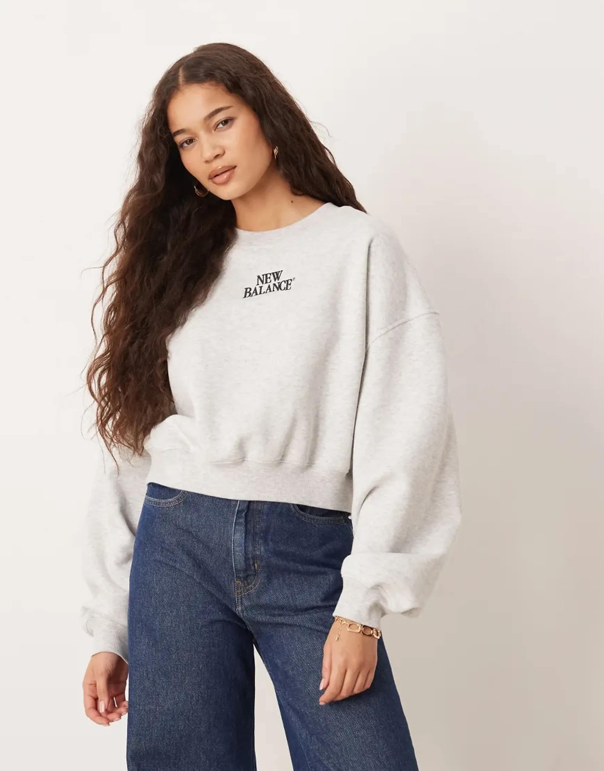 New Balance Women Trackside Fleece Crew in Grey Cotton Fleece