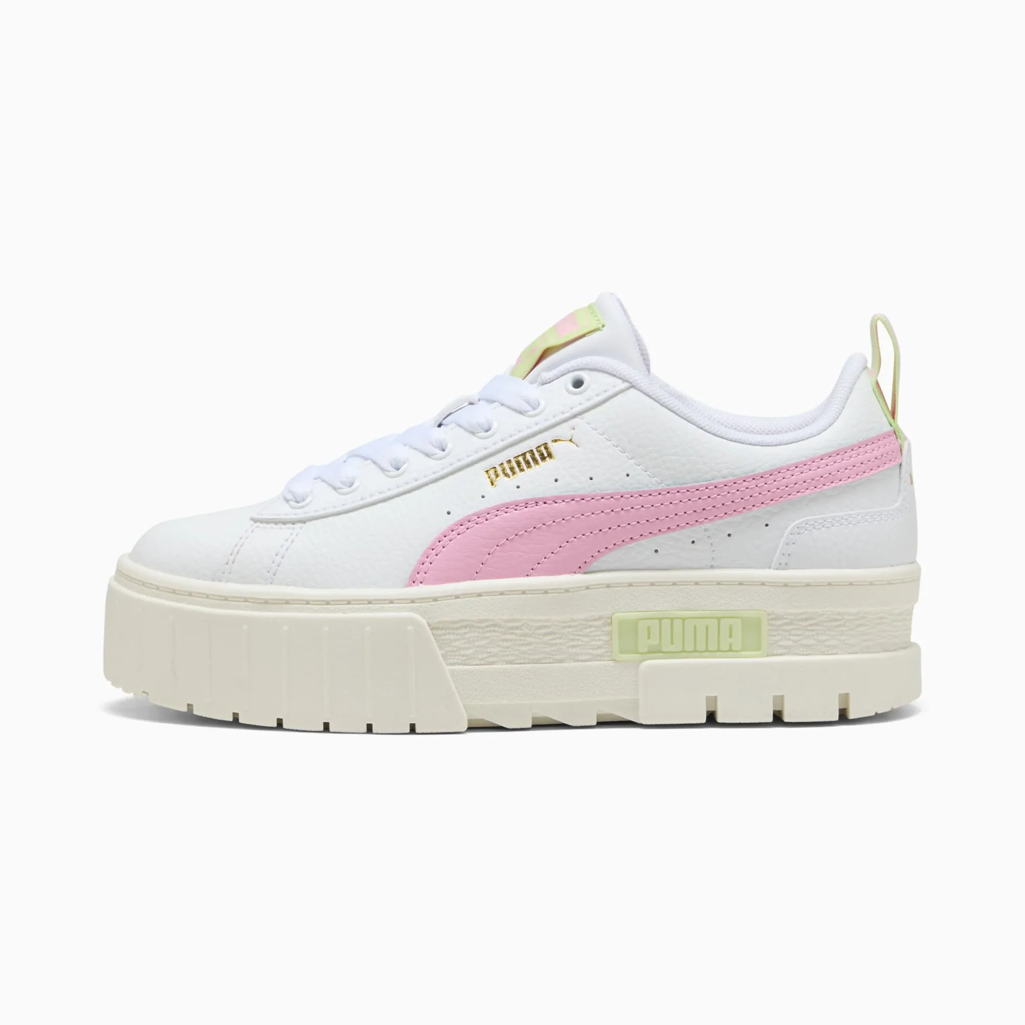 PUMA Mayze Leather Youth Trainers, White/Pink Shimmer, size 3