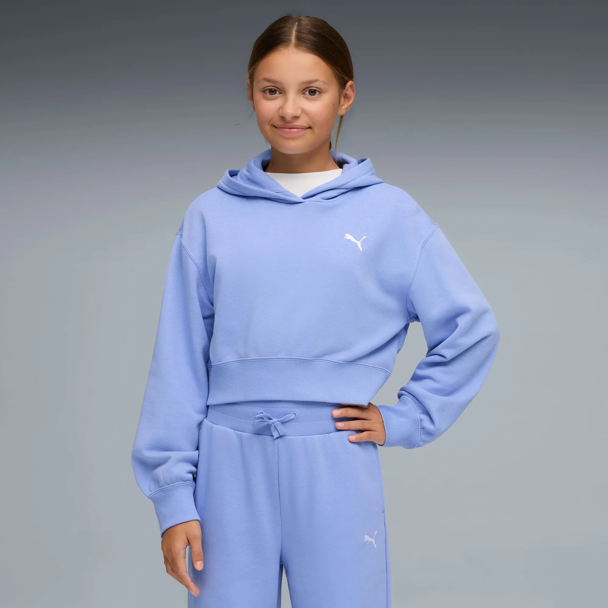 PUMA Wardrobe Ess Short Length Hoodie Youth, Intense Lavender, size 11-12 Youth