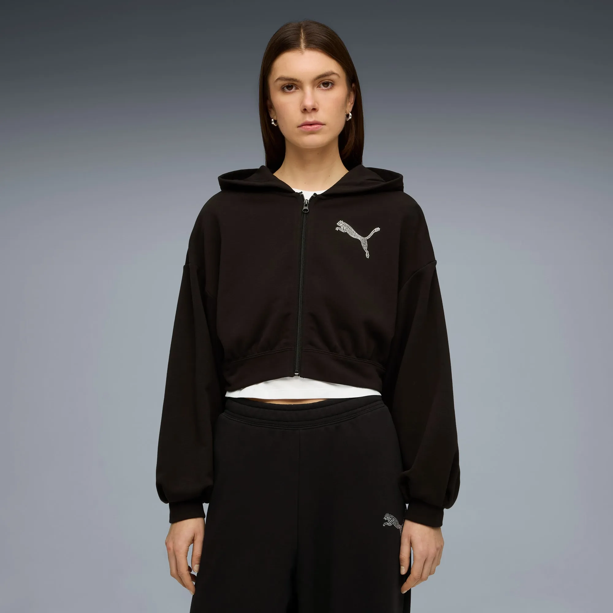 PUMA Essentials Graphics Bedazzled Full-Zip Hoodie Women, Black, size 3XL