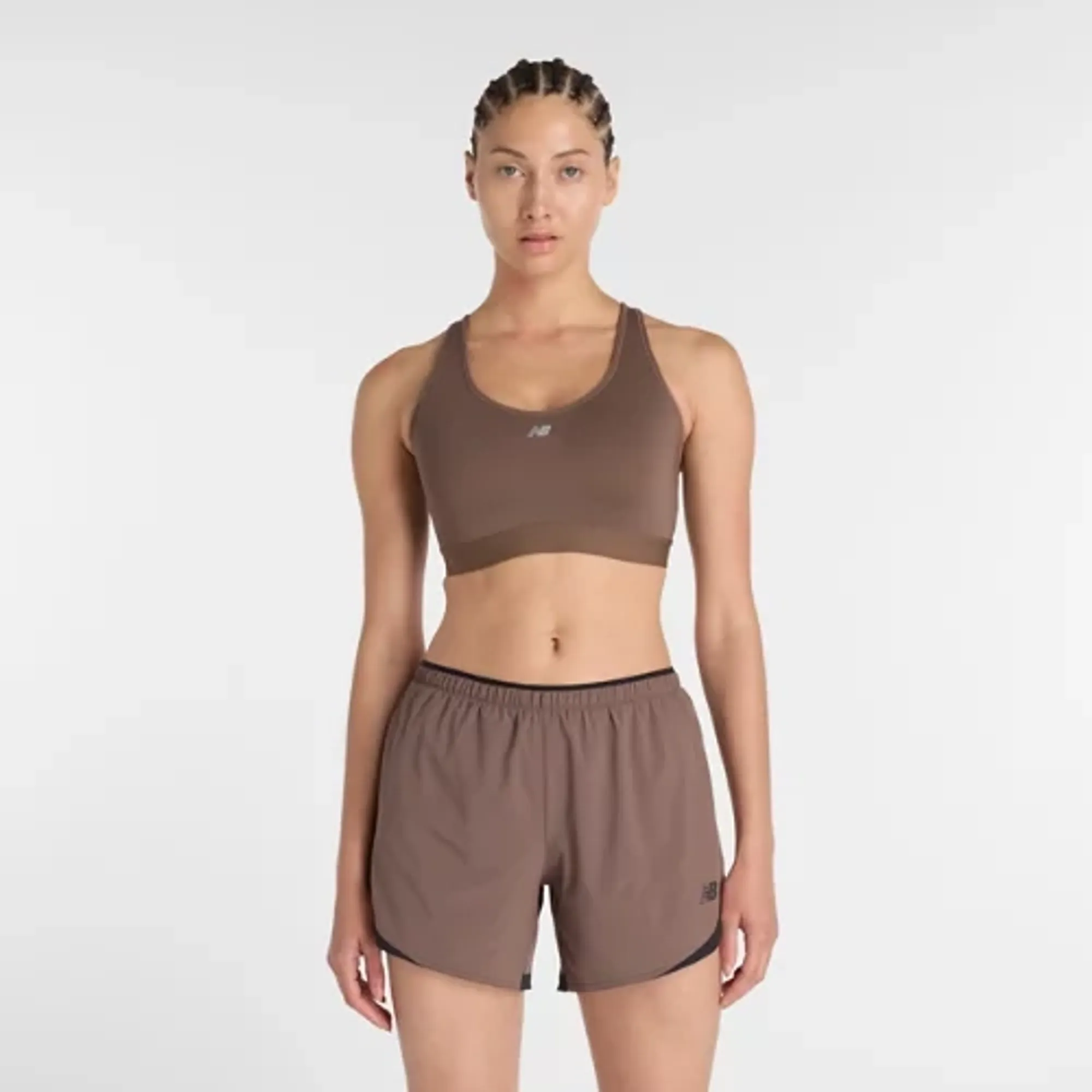 New Balance Women NB Essential Run Bra in Brown Poly Knit