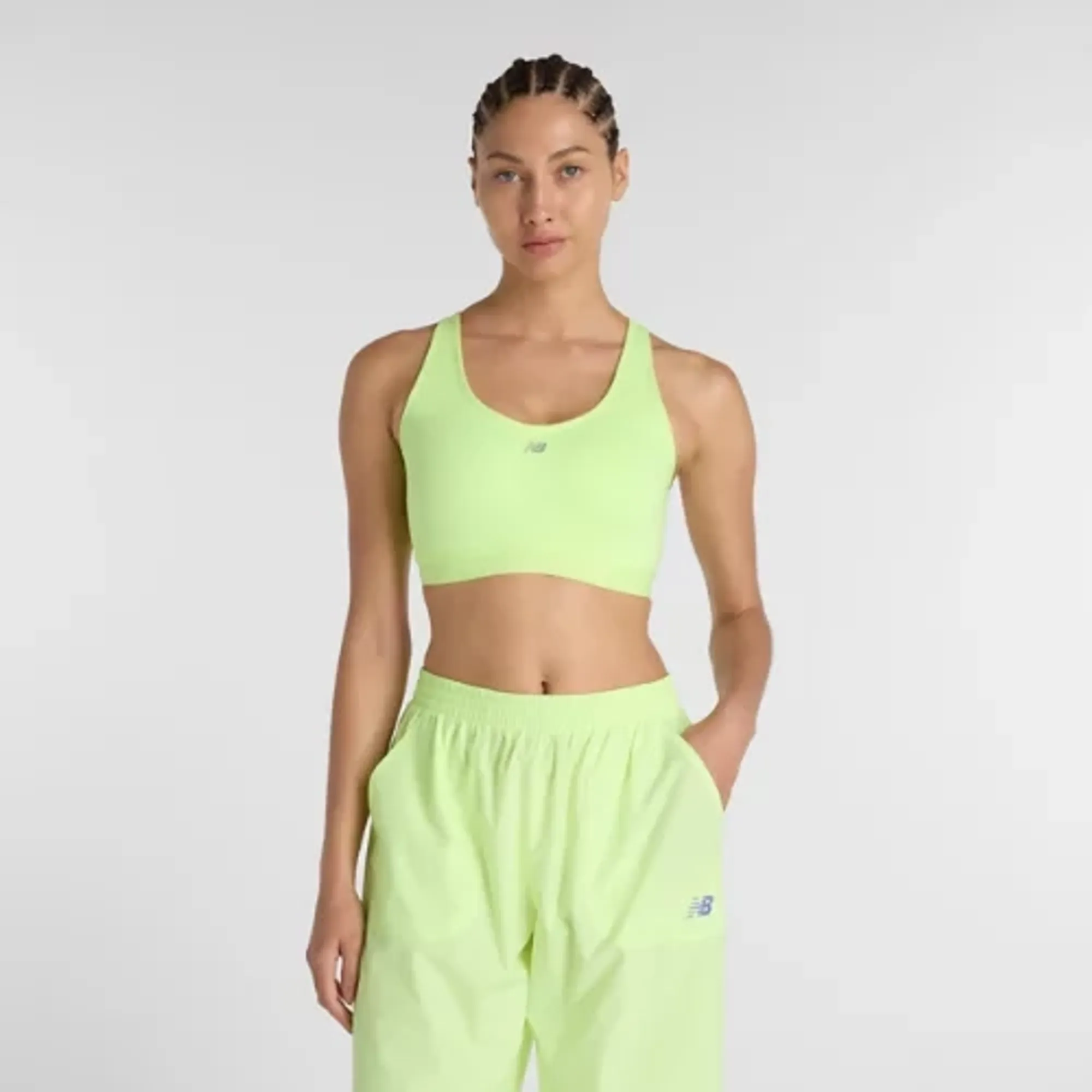 New Balance Women NB Essential Run Bra in Green Poly Knit