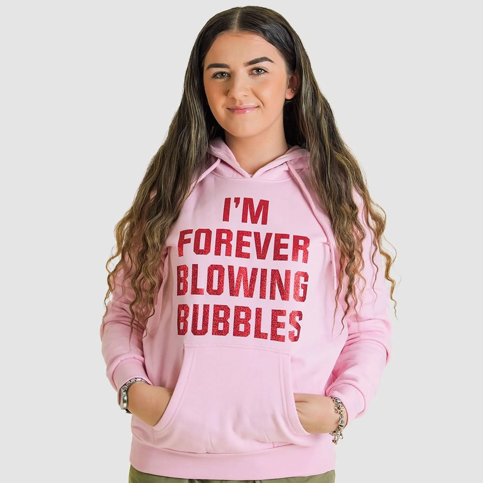 Womens Pink Glitter Forever Blowing Bubbles Hoodie