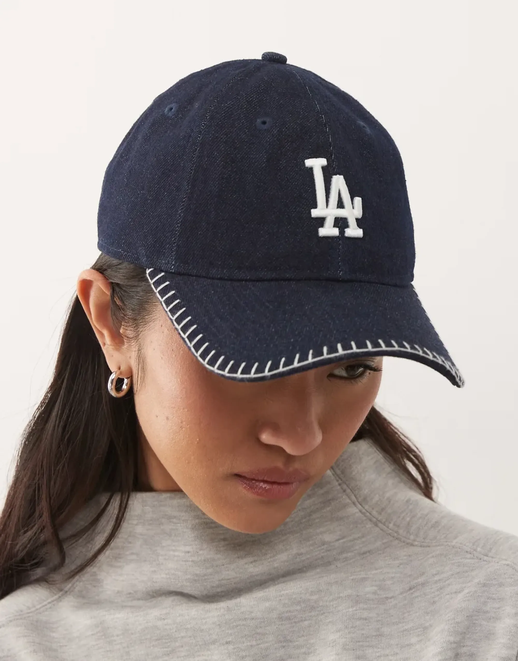 New Era Cap New Era La Dodgers 9Twenty Womens Denim Cap With Stitch Detail In Dark Wash Blue