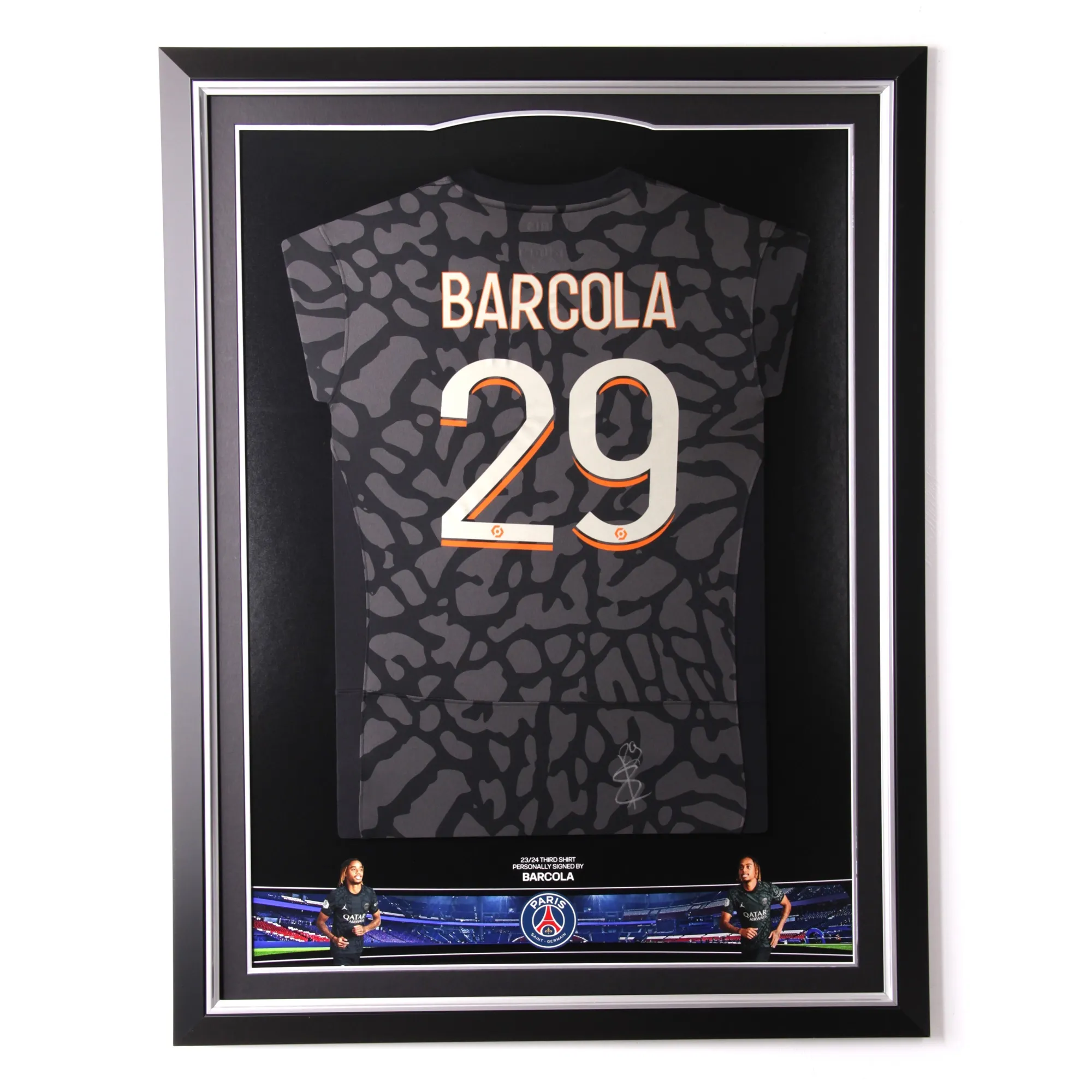 パリ・サンジェルマン BARCOLA 29 直筆サイン入りユニフォーム Barcola Signed PSG 23/24 Third Shirt with Premium Frame