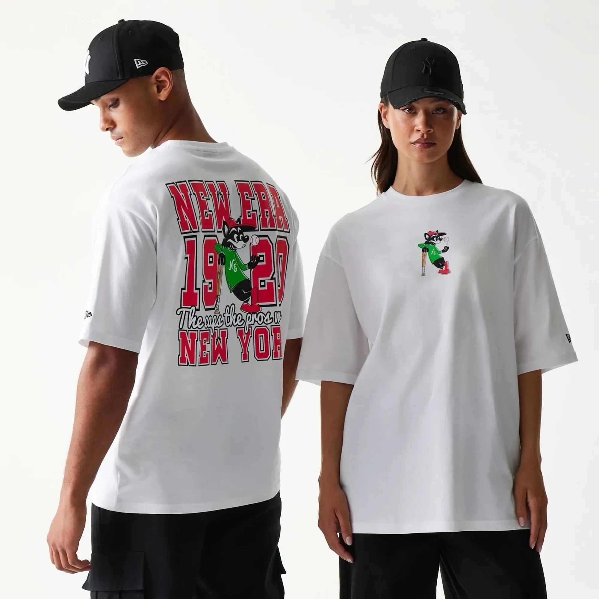 New Era Baseball Cat Character Graphic White Oversized T-Shirt adult unisex