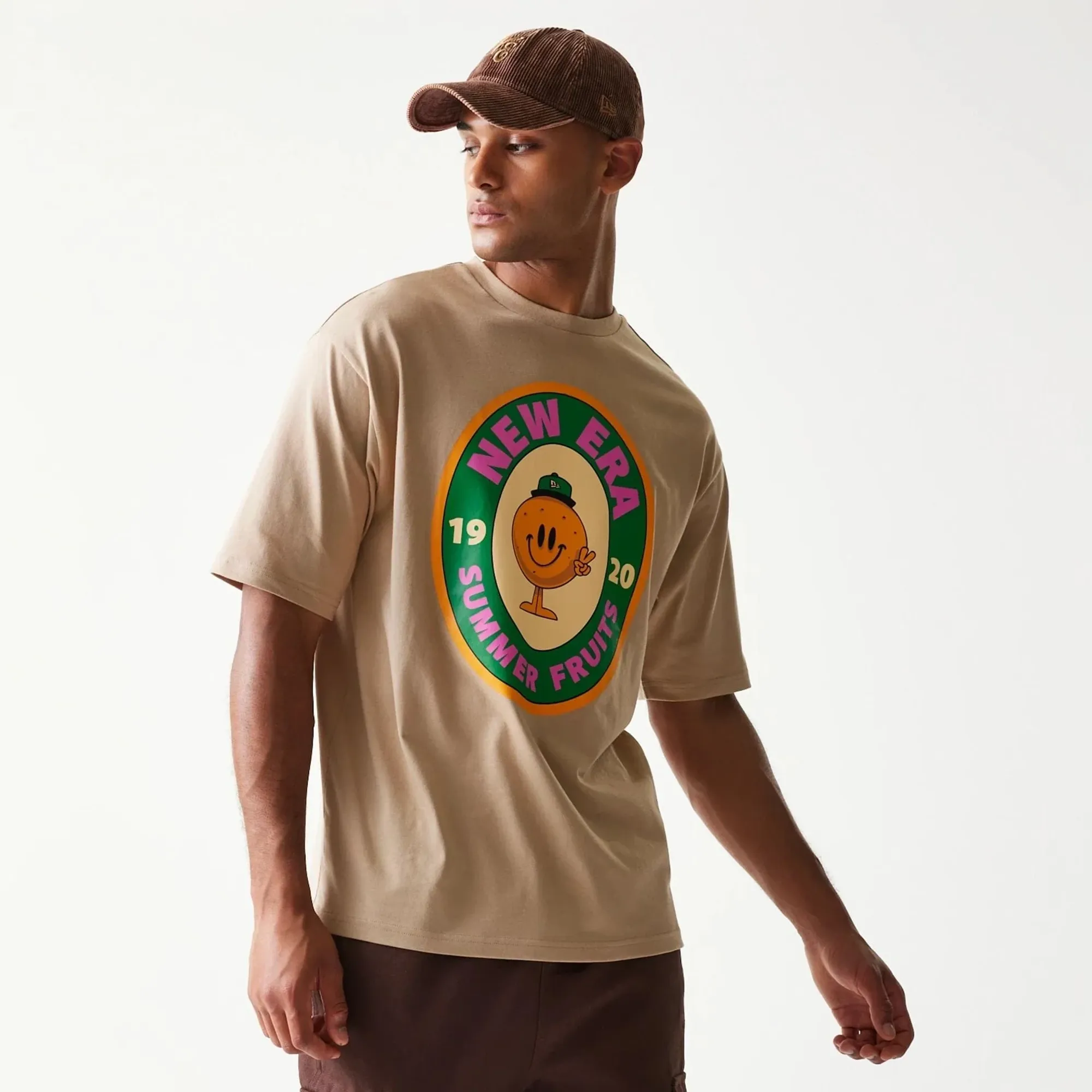 New Era Orange Fruit Graphic Light Beige Oversized T-Shirt adult unisex