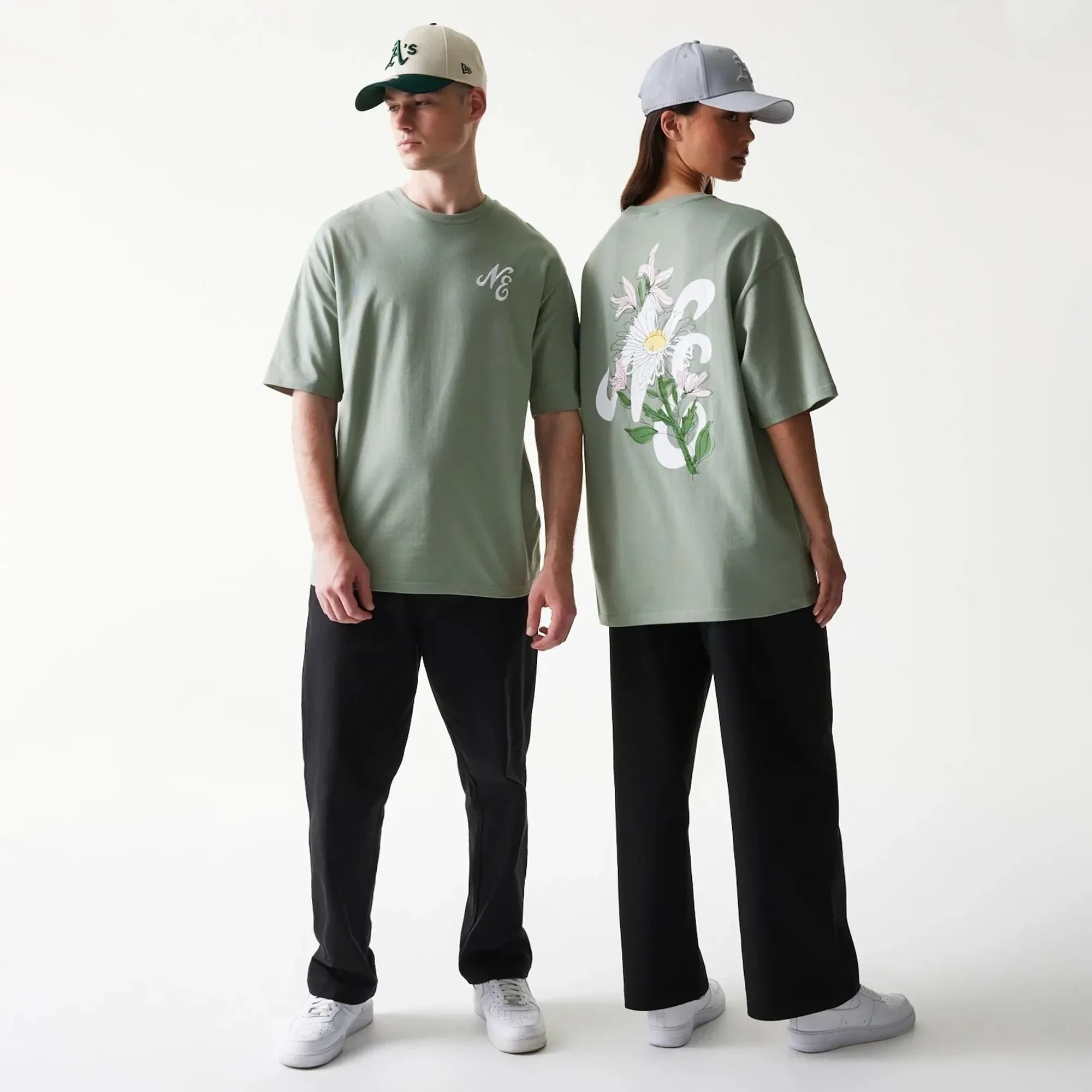 New Era Floral Graphic Pastel Green Oversized T-Shirt adult unisex