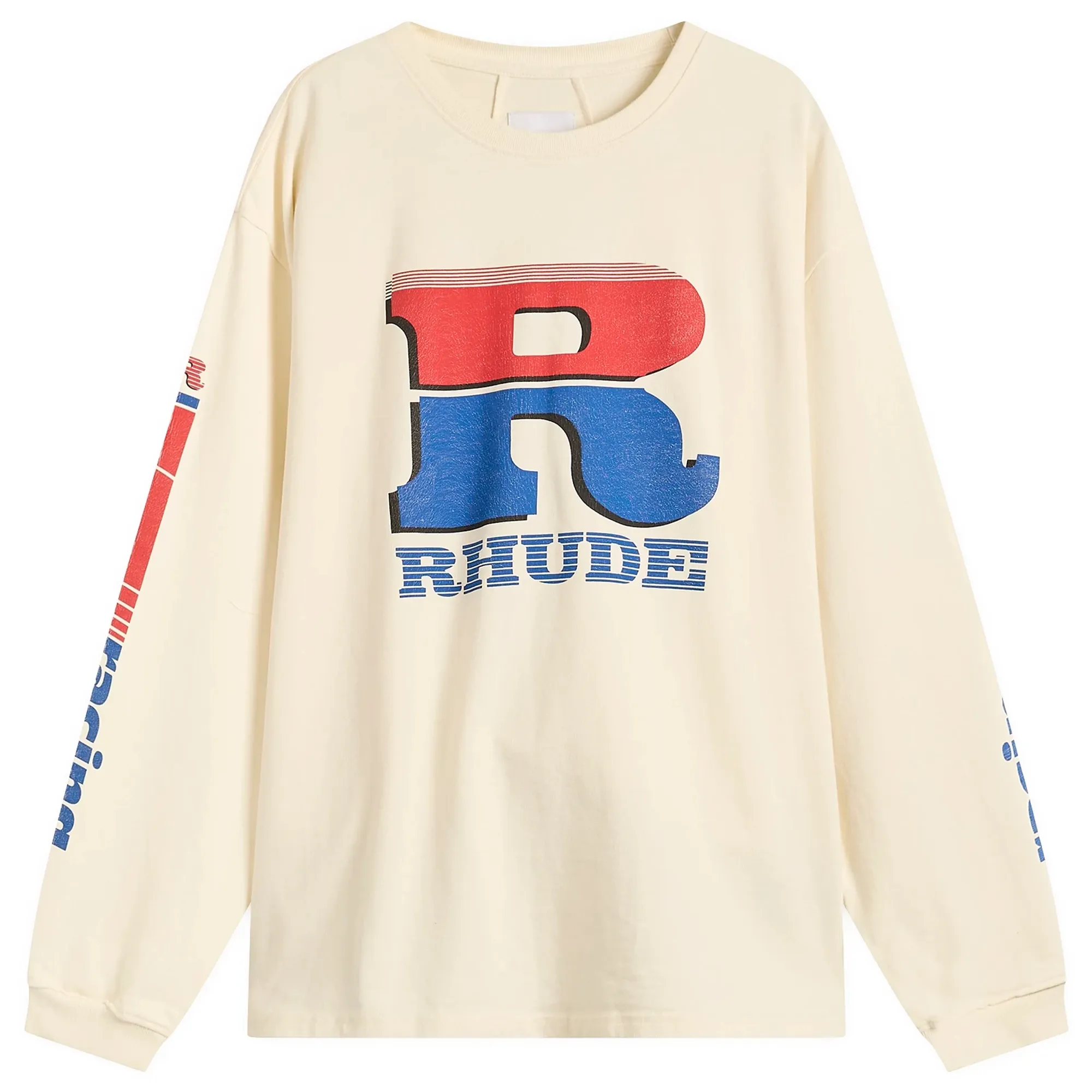 Rhude Men's Split Petrol Logo Long Sleeve T-Shirt Vintage White/ Red/ Blue