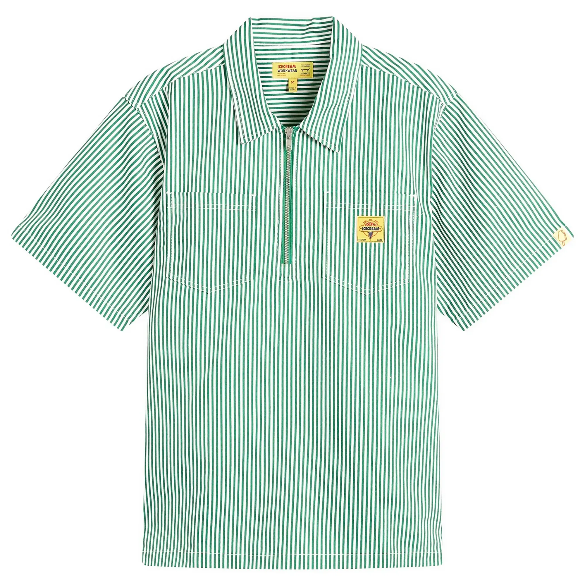 ICECREAM Men's IC Services Quarter Zip Work Shirt Green/Whitestripe