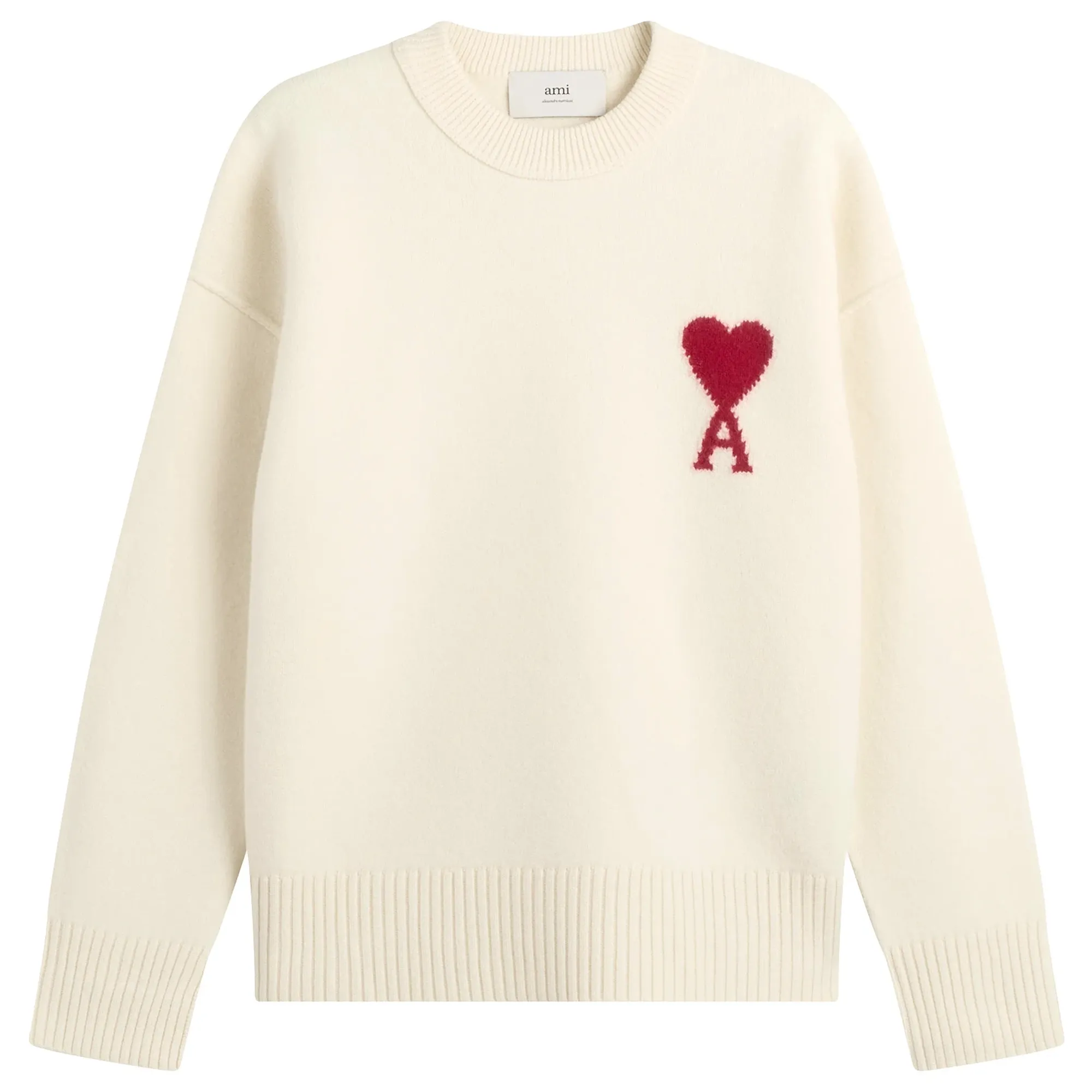 AMI Paris Men's Crewneck Sweater With Contrasted Ami De Coeur Ecru/Rouge