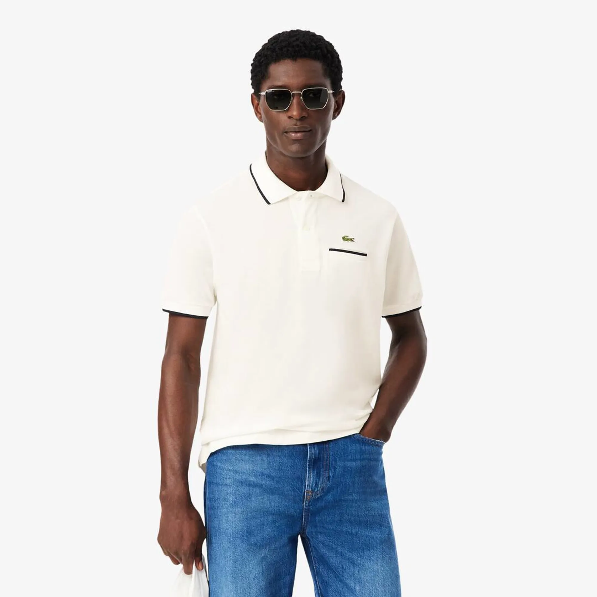 Lacoste Classic Fit Pocket Accent L.12.12 Polo Shirt - White / Navy Blue