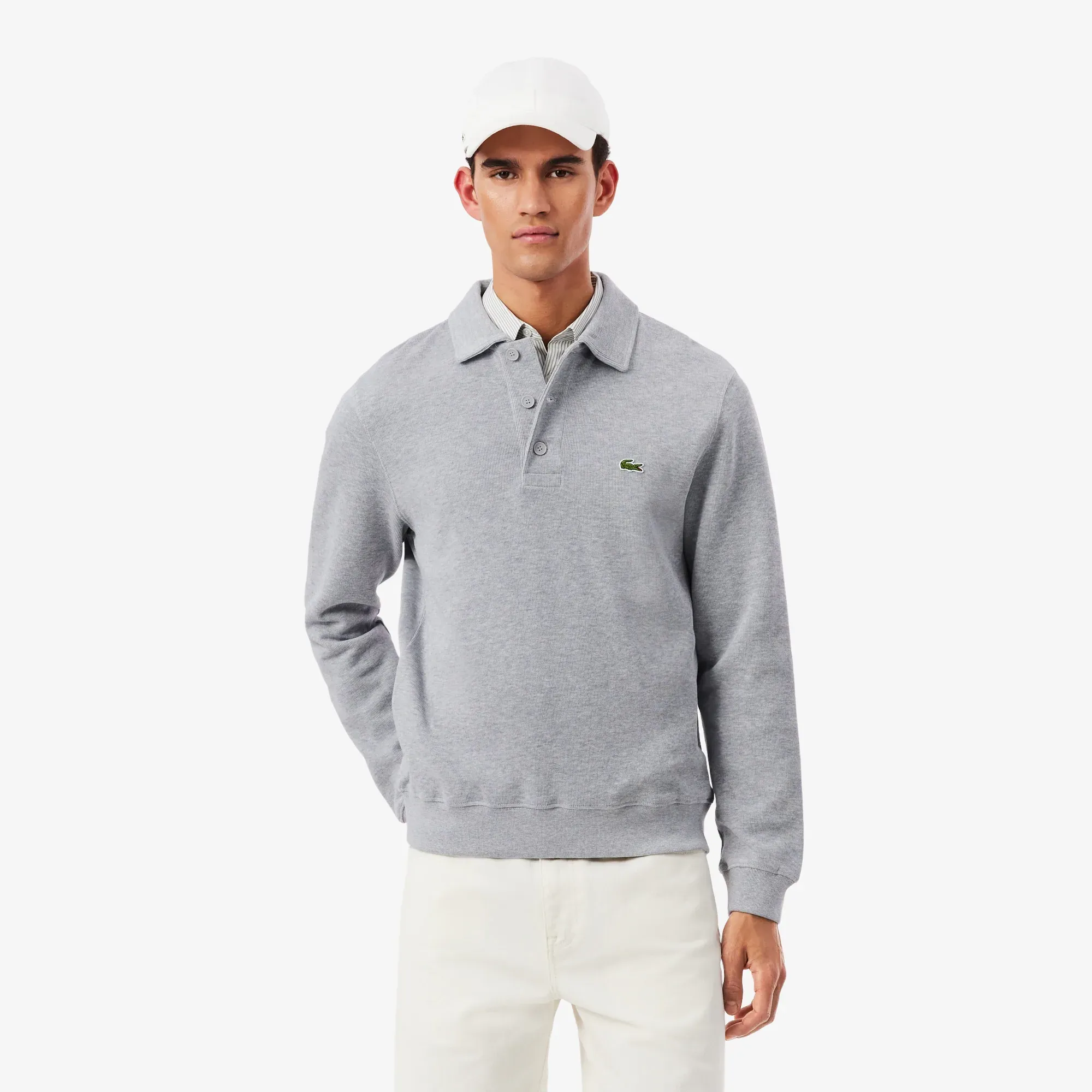 Lacoste Ribbed Cotton Polo Collar Sweatshirt - Light Heathered Grey