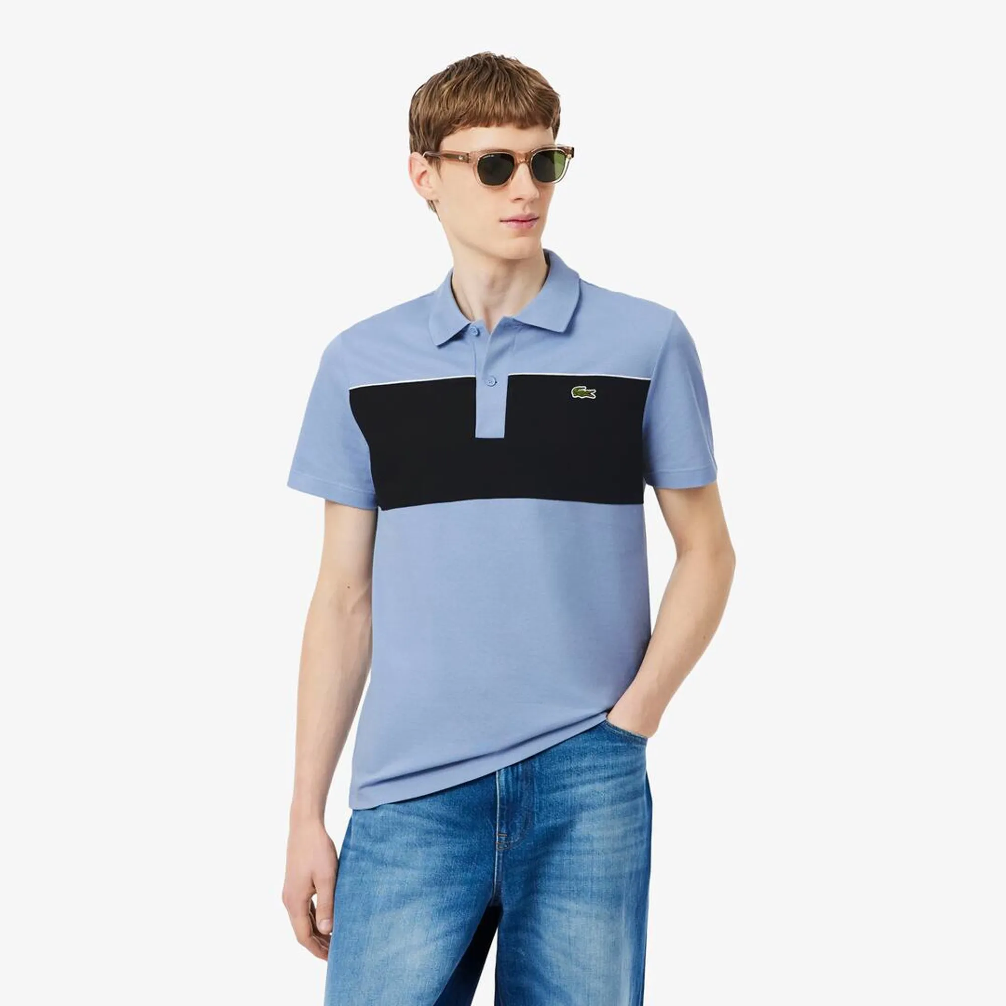 Lacoste Regular Fit Colour-Block Piqué Polo Shirt - Bleu Clair / Noir