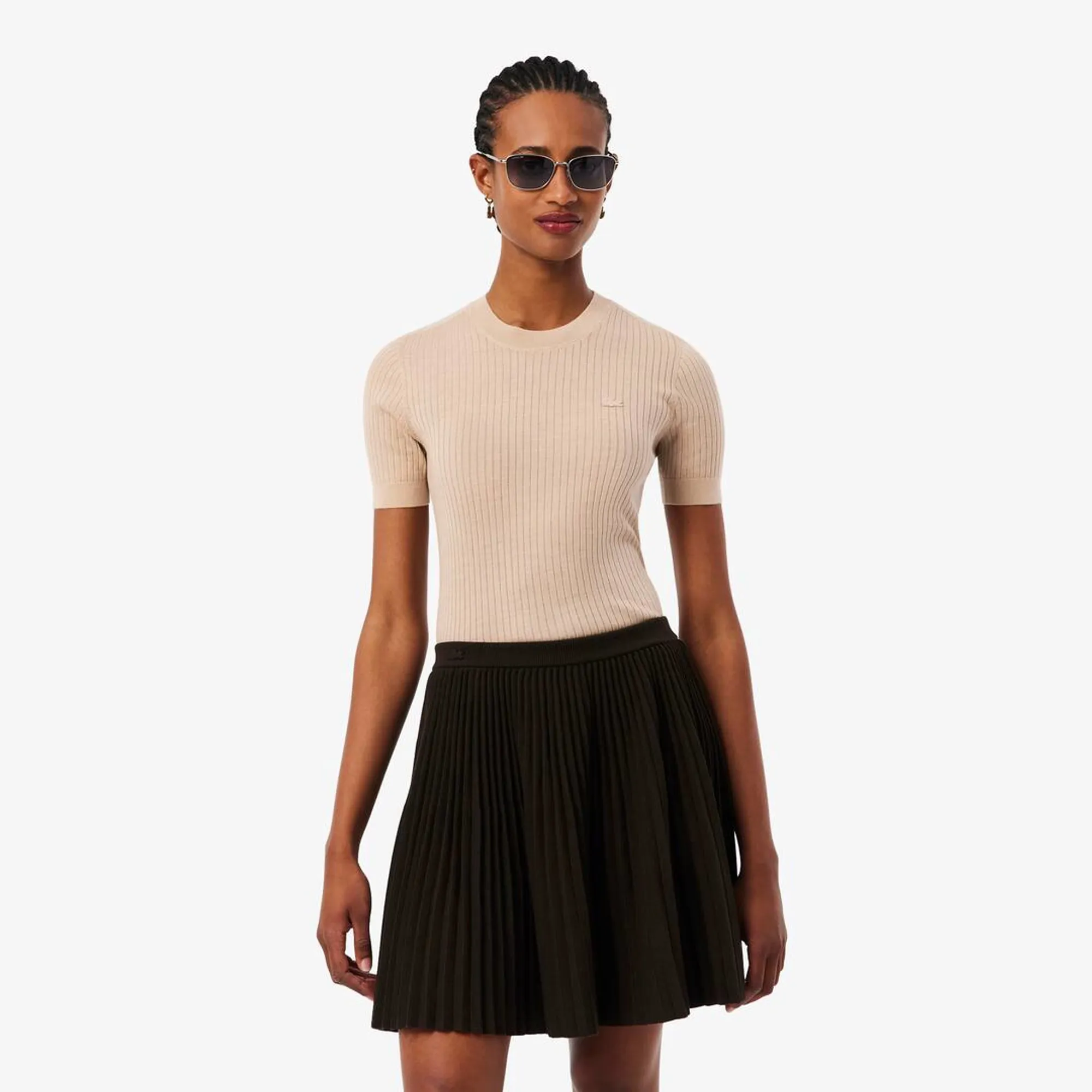 Lacoste Short Sleeved Merino Wool Rib Knit Sweater - Beige