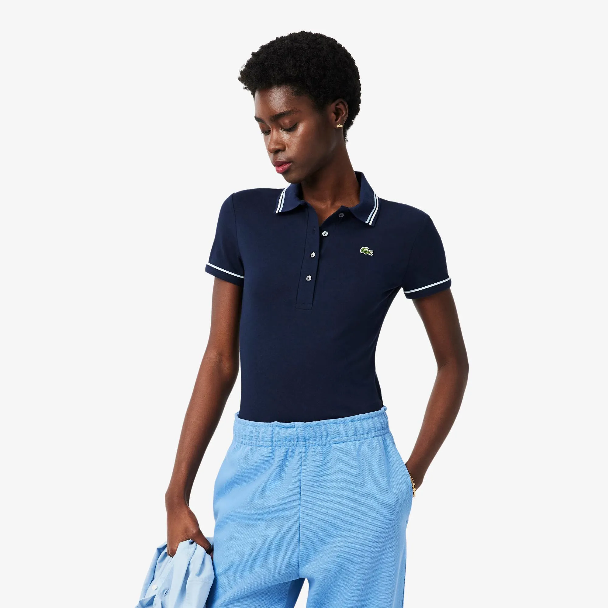 Lacoste L.12.D Slim Fit Trim Detail Polo Shirt - Bleu Marine / Bleu Clair / Blanc