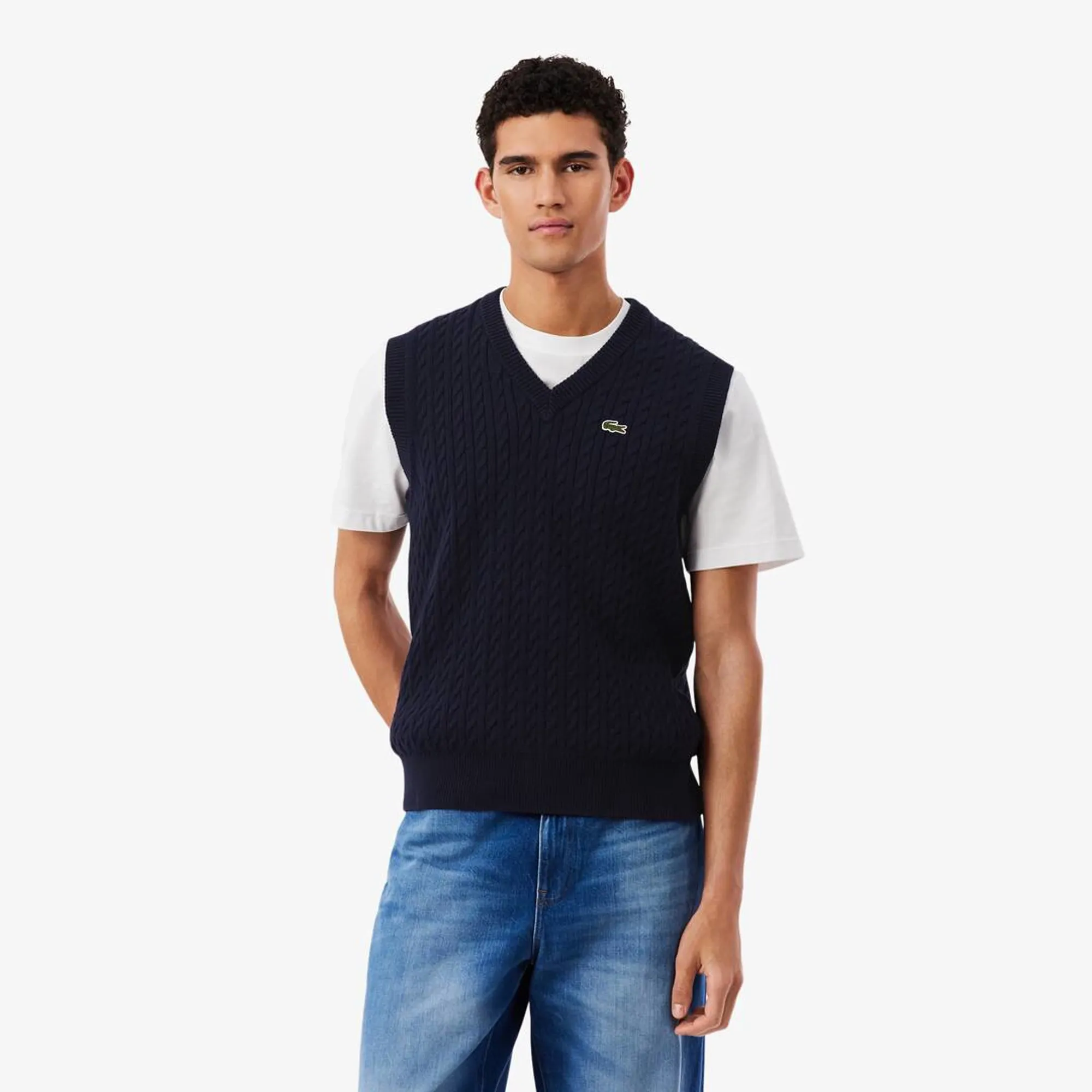 Lacoste Cable Knit Cotton Sweater Vest - Navy Blue / Green
