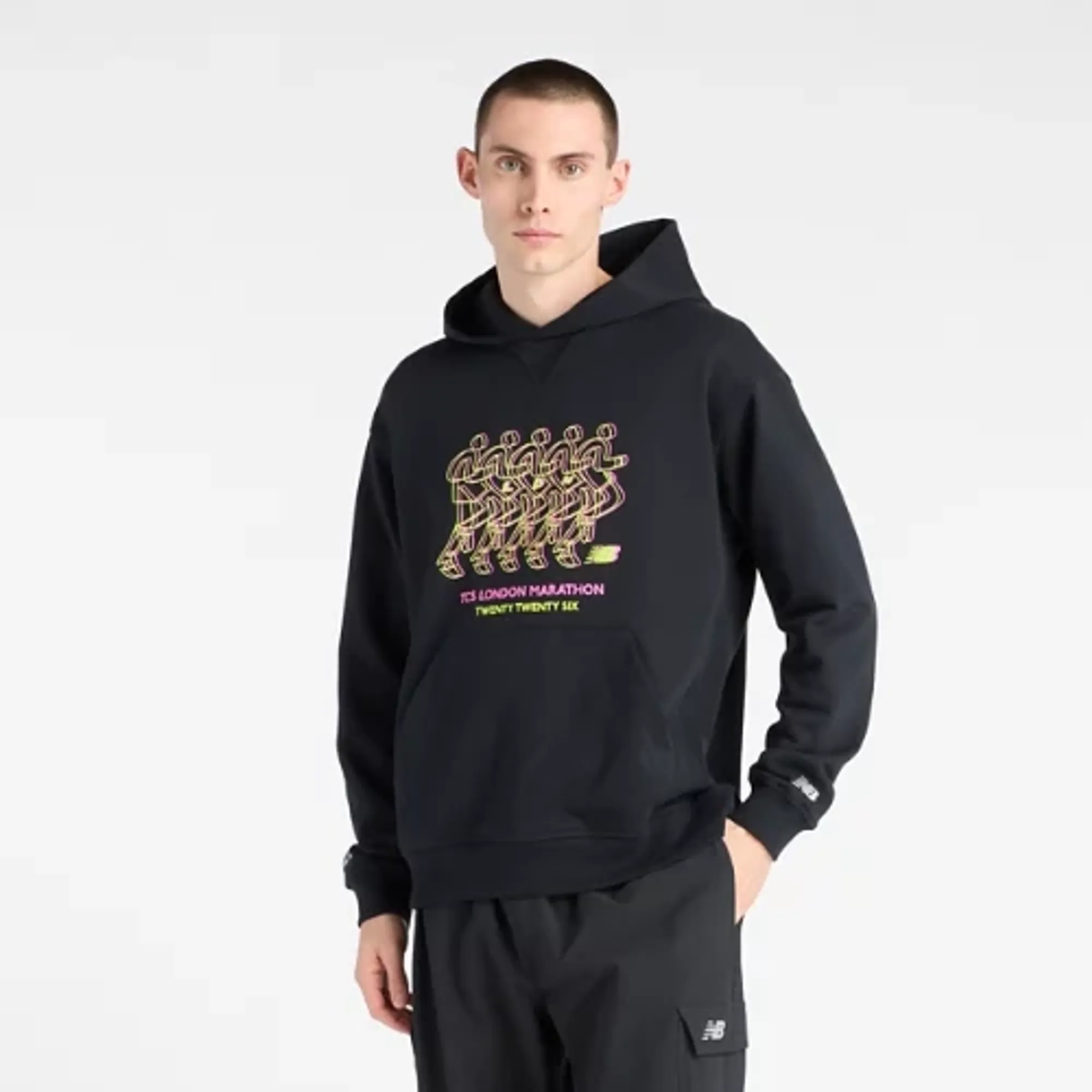 New Balance Men's London Edition Athletics Graphic French Terry Crew 2 in Black Cotton