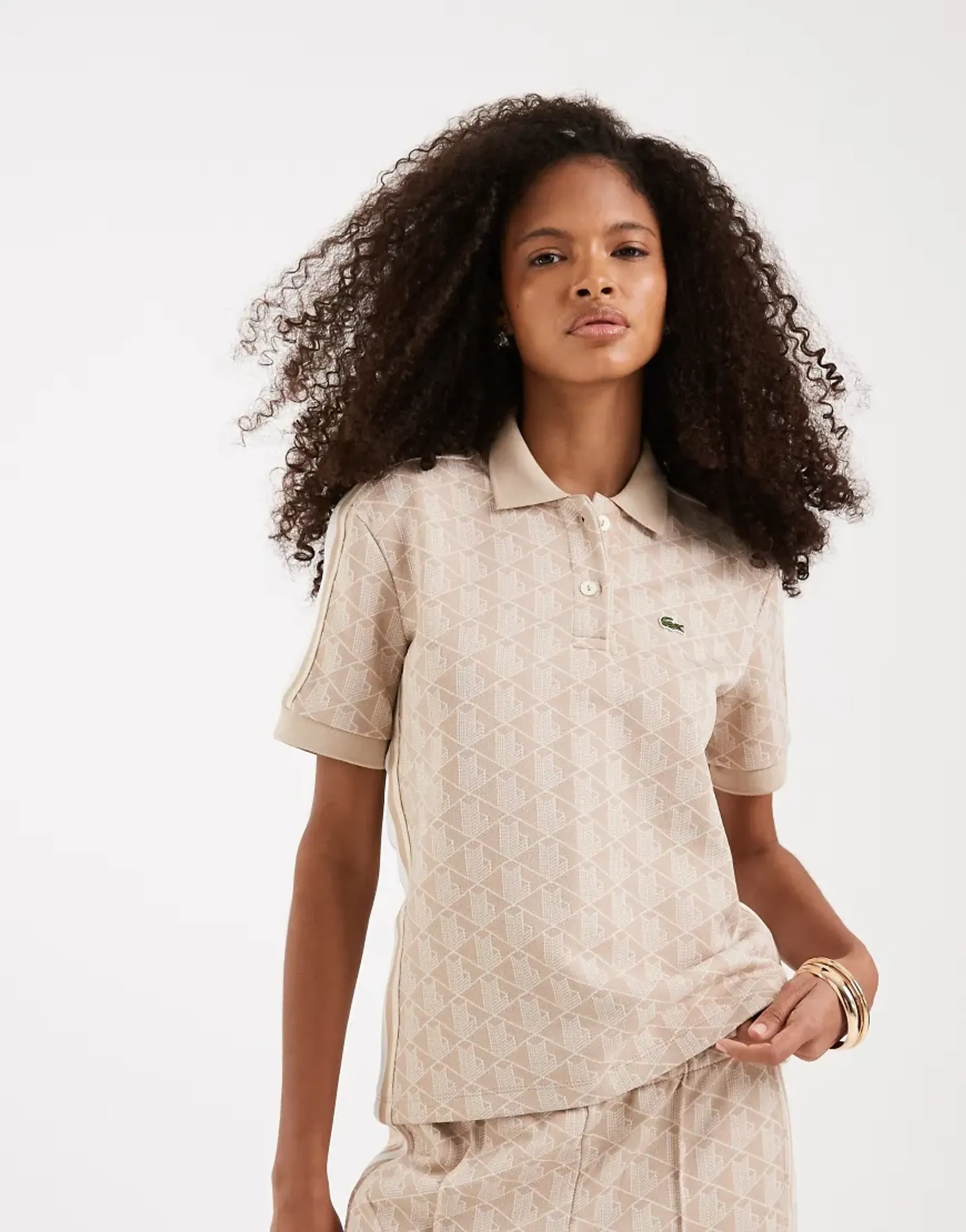 Lacoste Slim Fit Monogram Jacquard Polo Shirt - Beige / Blanc