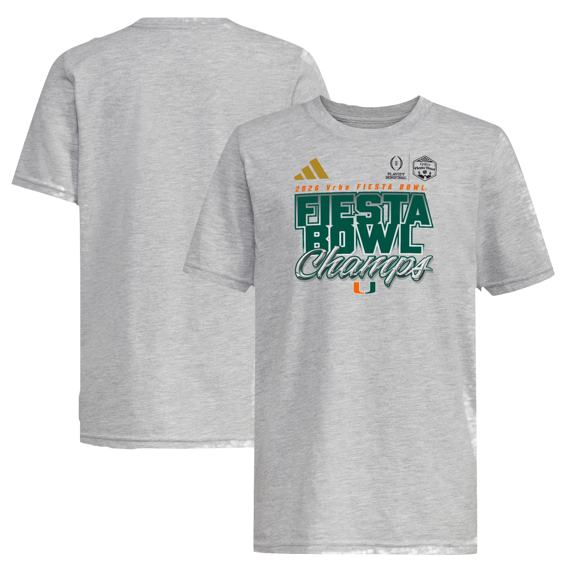 Youth adidas Gray Miami Hurricanes College Football Playoff 2026 Fiesta Bowl Champions Locker Room T-Shirt