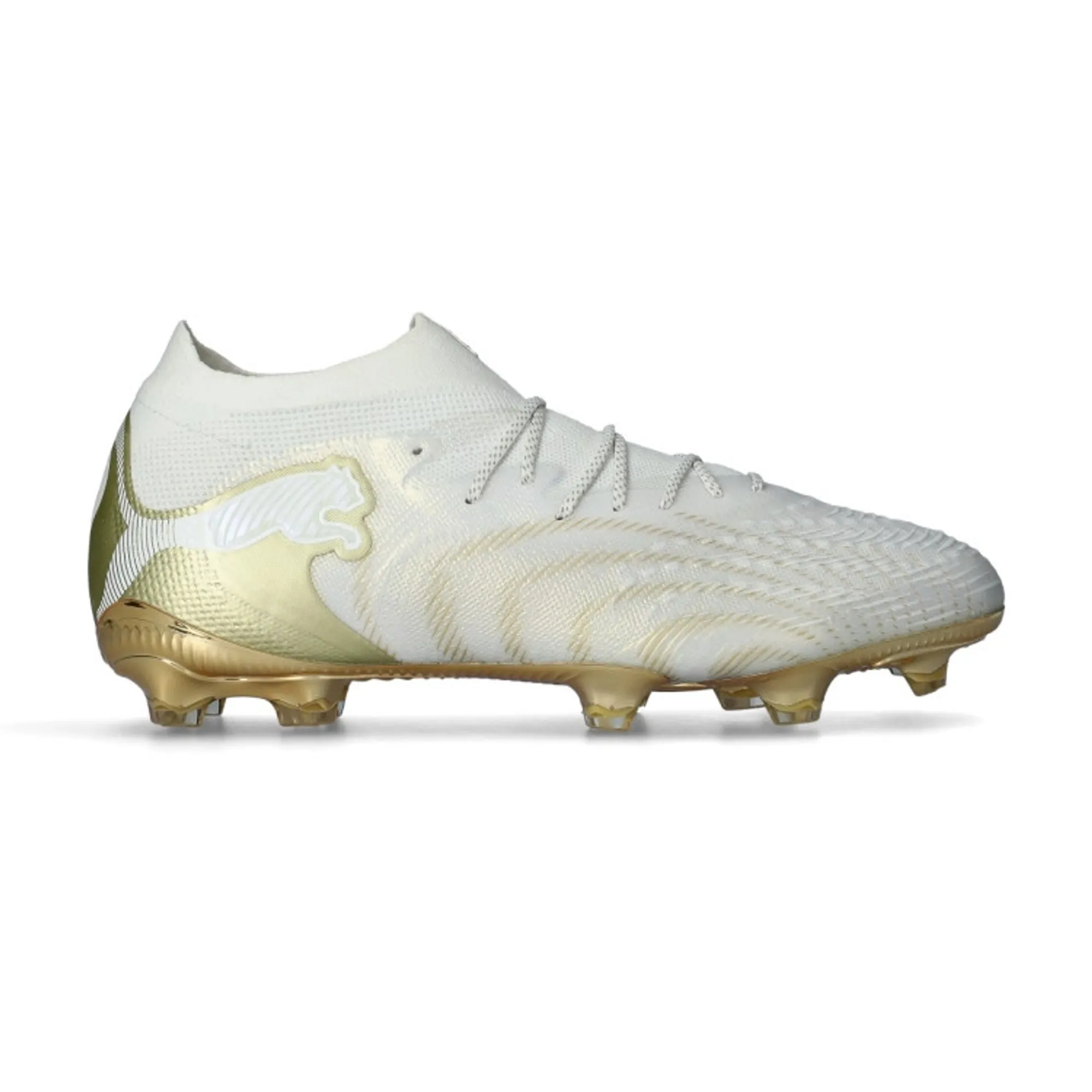 PUMA Future 9 Ultimate FG Football Boots Unisex, White/Metallic Gold/Black, size 10