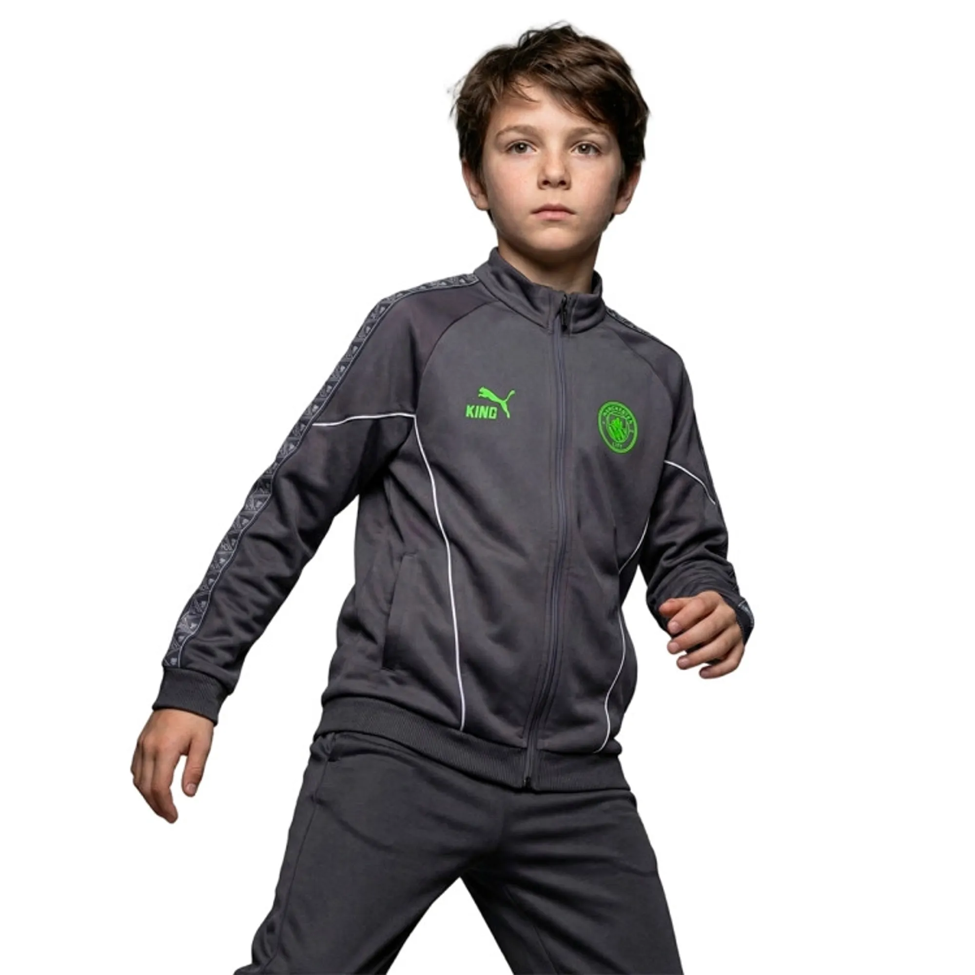 PUMA Manchester City King Anthem Jacket Youth, Galactic Grey/Pro Green, size 11-12 Youth