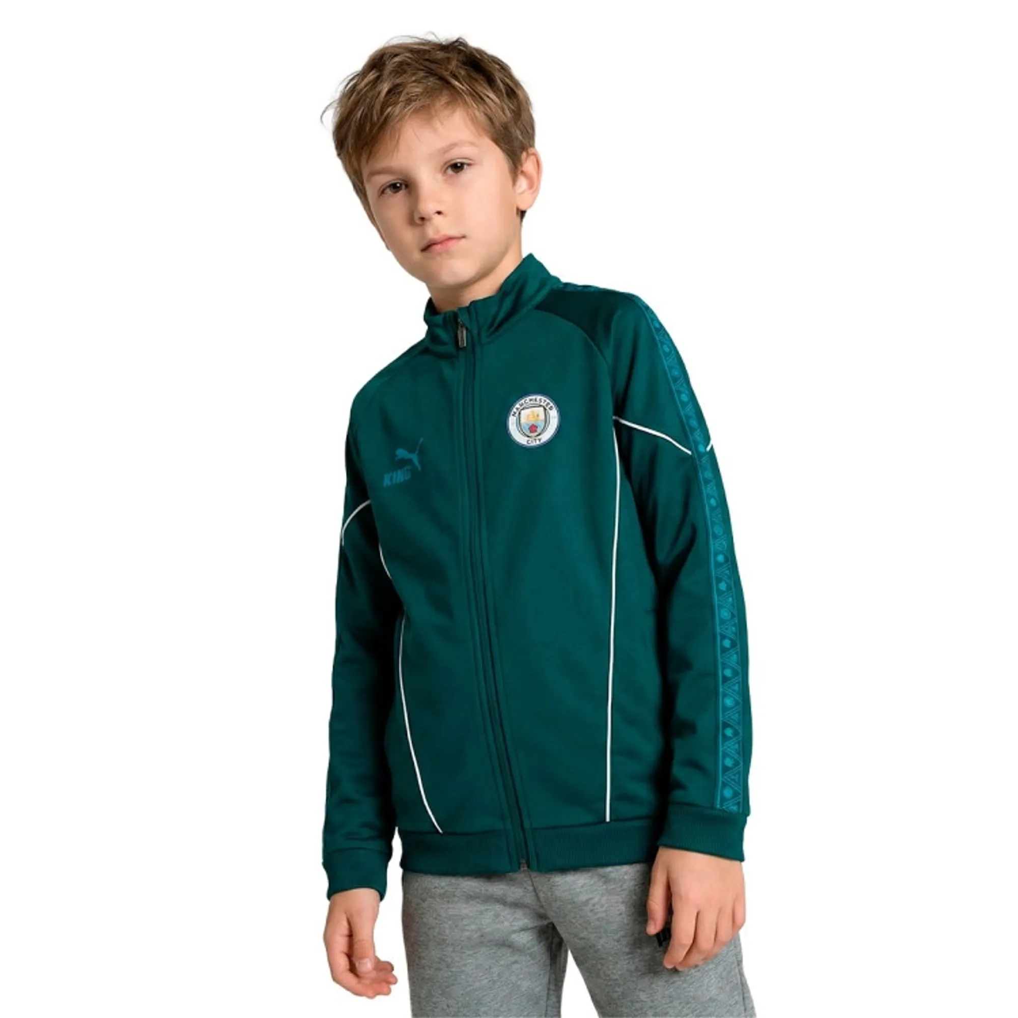 PUMA Manchester City King Anthem Jacket Youth, Green Terrain/Tropical Blue, size 11-12 Youth