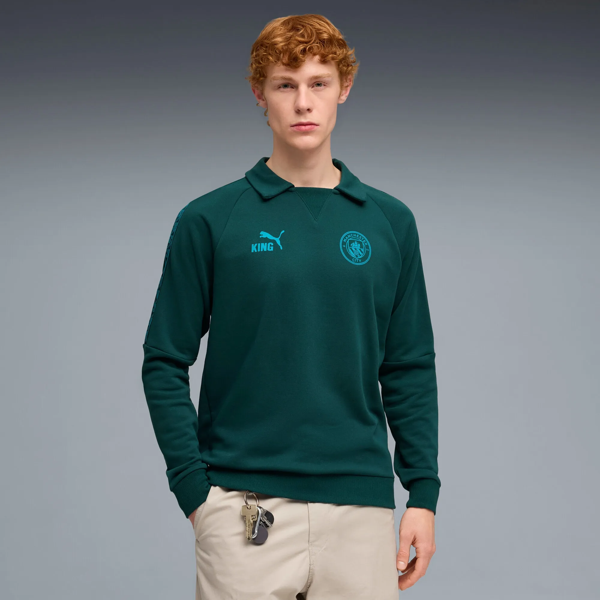 PUMA Manchester City King Drill Crew Sweatshirt Men, Green Terrain/Tropical Blue, size 3XL