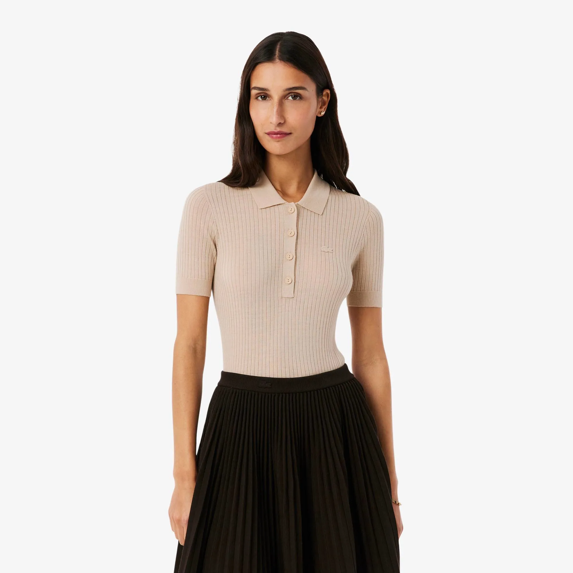 Lacoste 3D Rib Knit Polo Collar Merino Wool Sweater - Beige