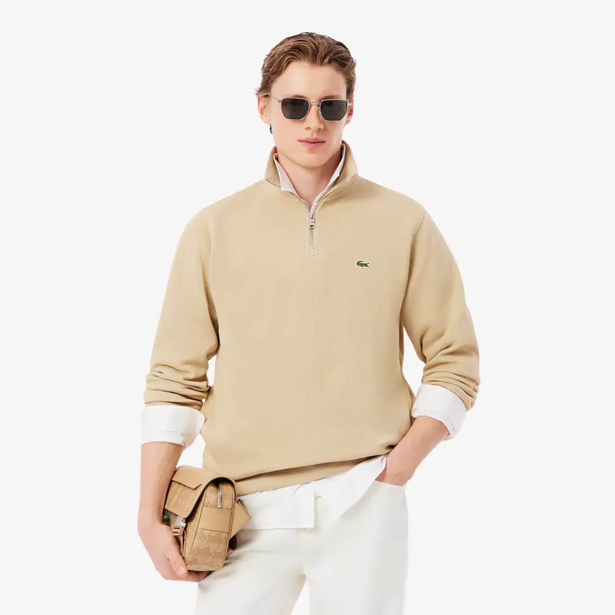 Lacoste Zip-Up High Neck Interlock Sweatshirt - Beige