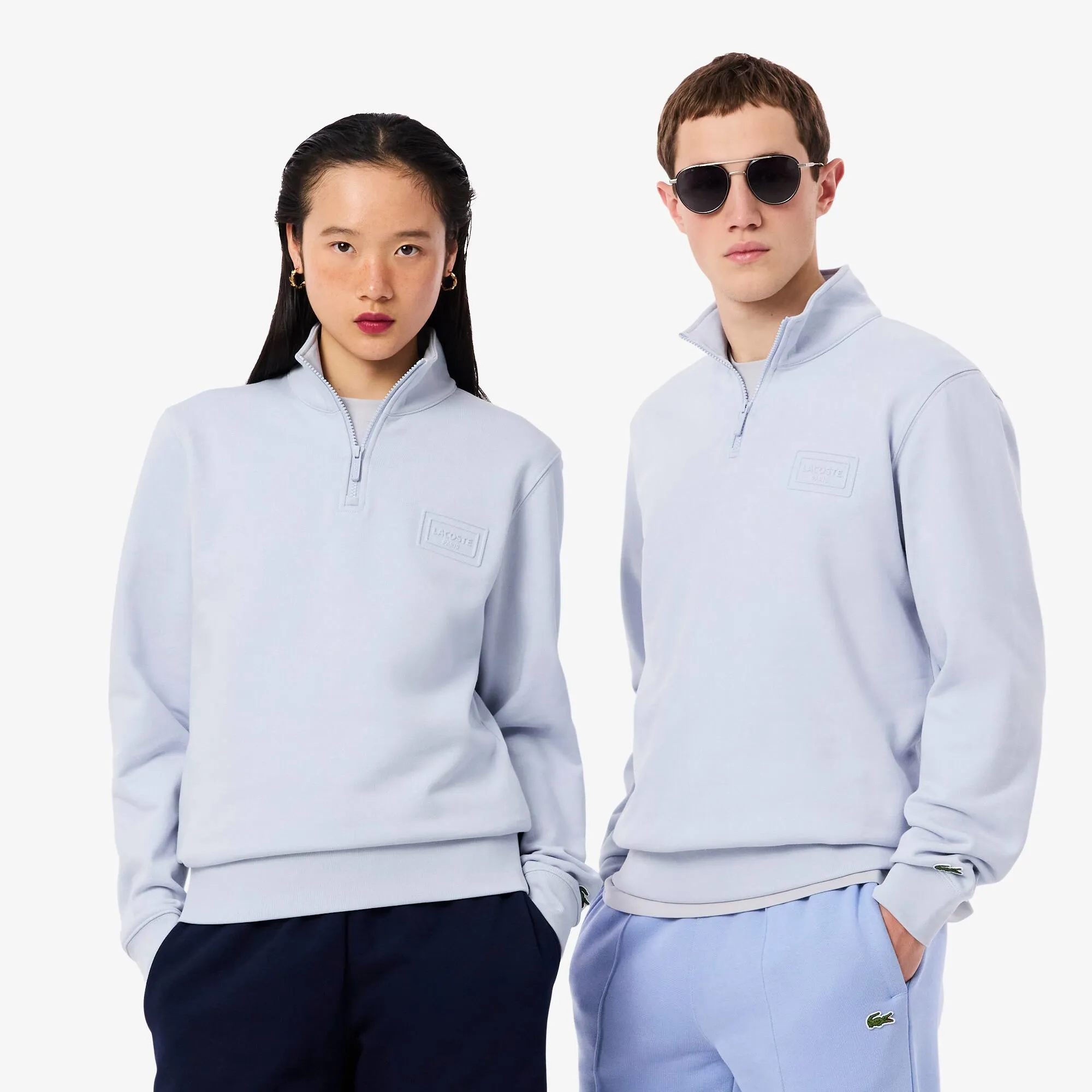 Lacoste High Neck Embossed Zipped Sweatshirt - Light Blue
