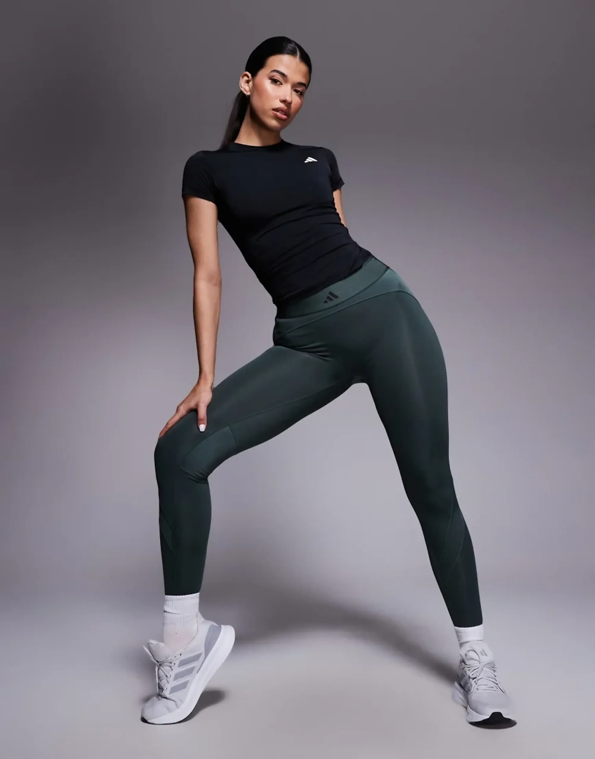 Adidas Training Hyperglam High Shine Full Length In Dark Green And Grey