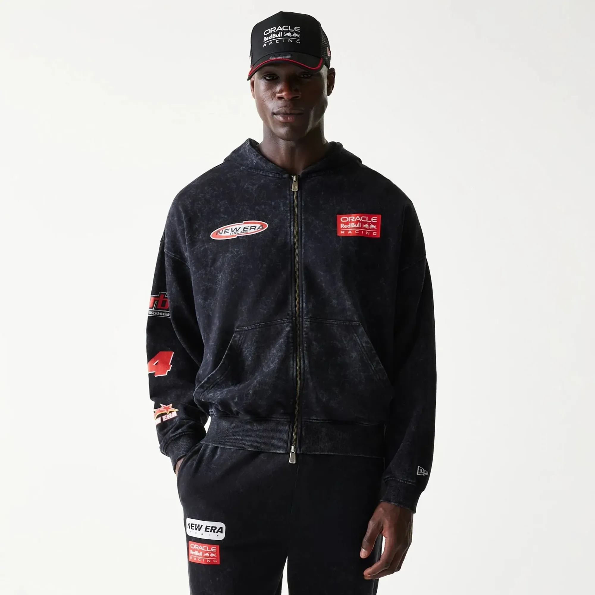 Red Bull Racing Graphic Black Dropped Shoulder Full Zip Hoodie New Era Cap adult unisex