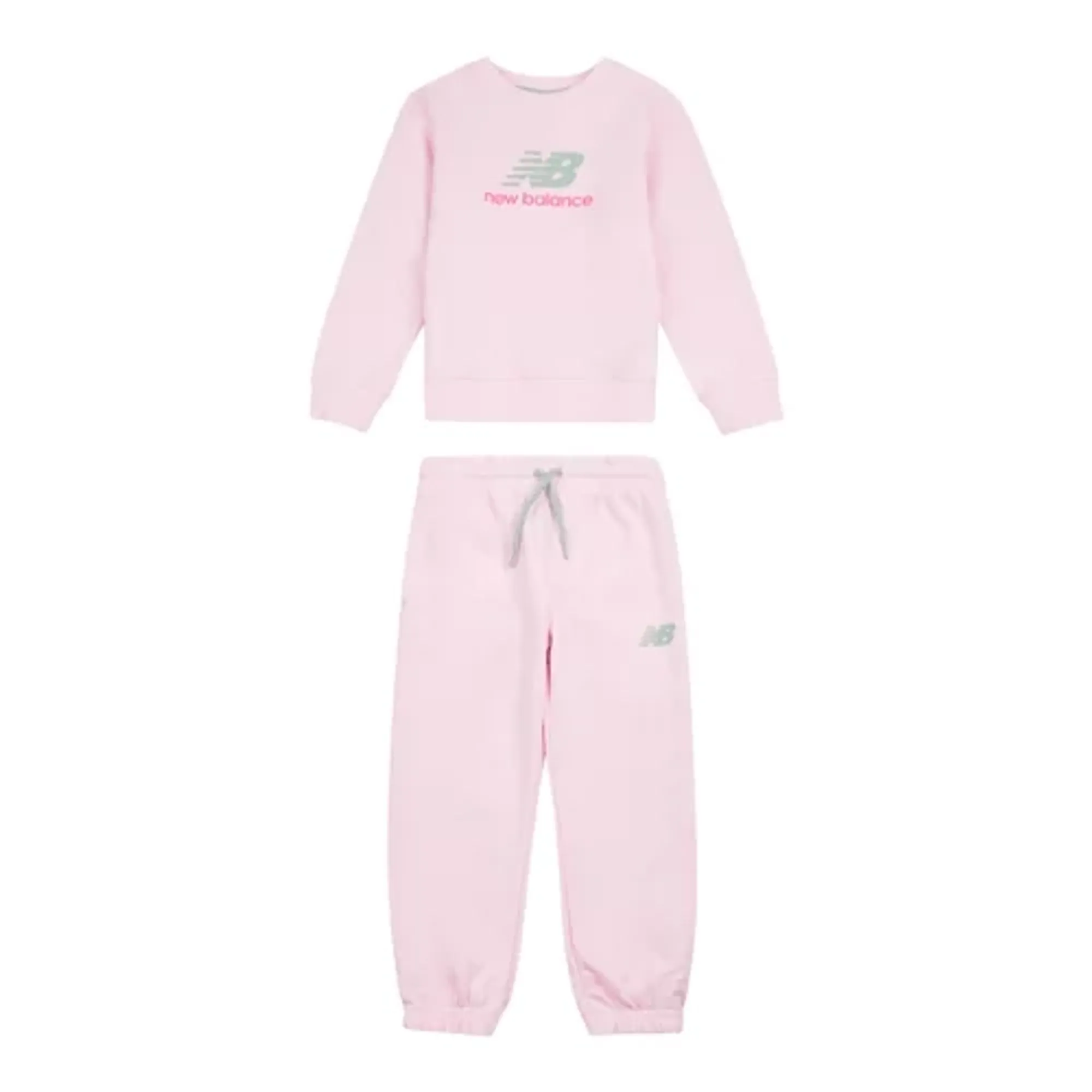 New Balance Girls FT Stacked Logo Crew & Jog Set in Pink Cotton