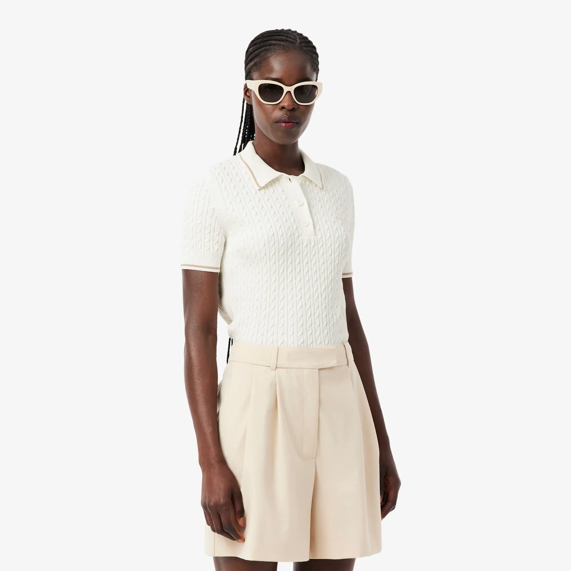 Lacoste Striped Cable Knit Polo Collar Sweater - White