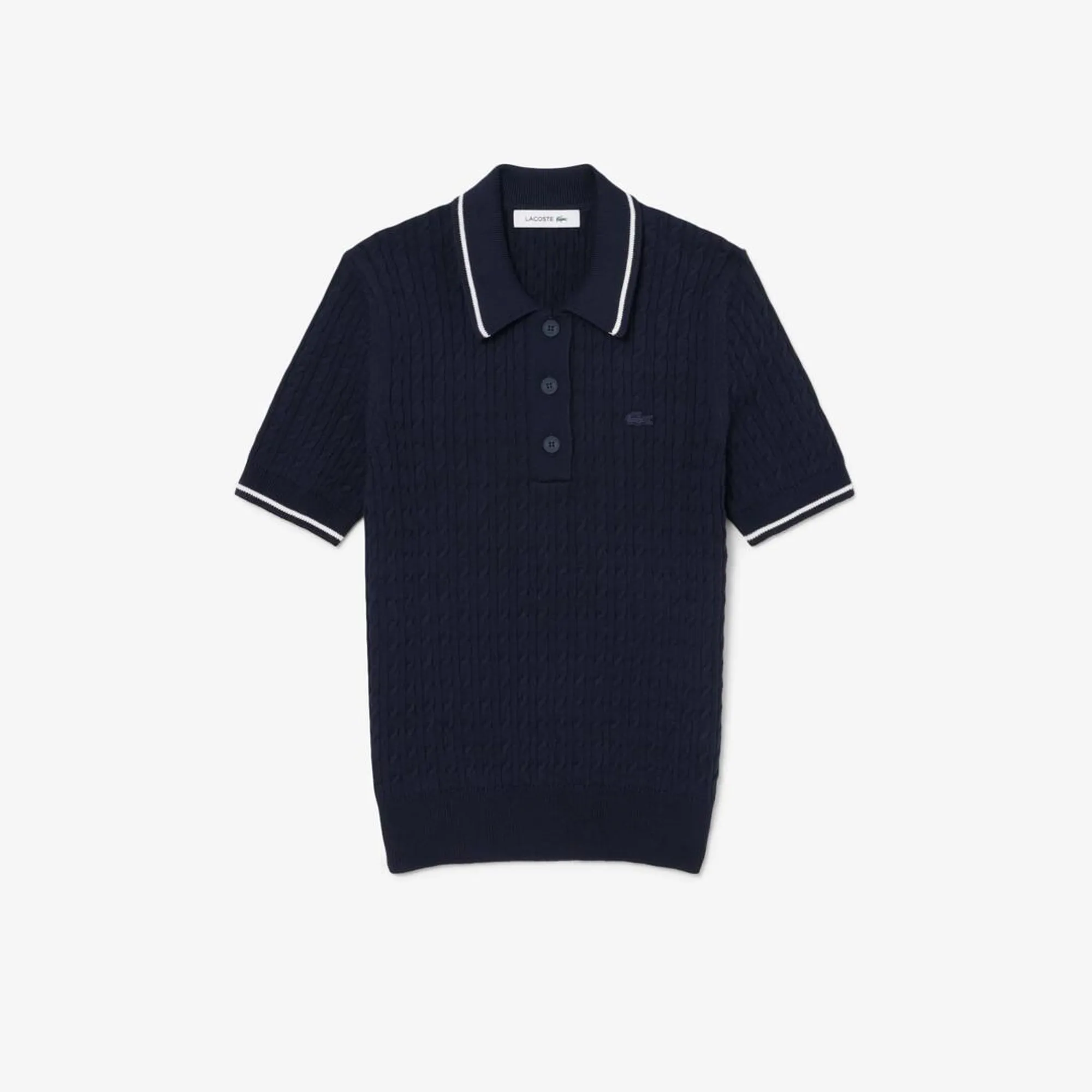Lacoste Striped Cable Knit Polo Collar Sweater - Midnight Blue