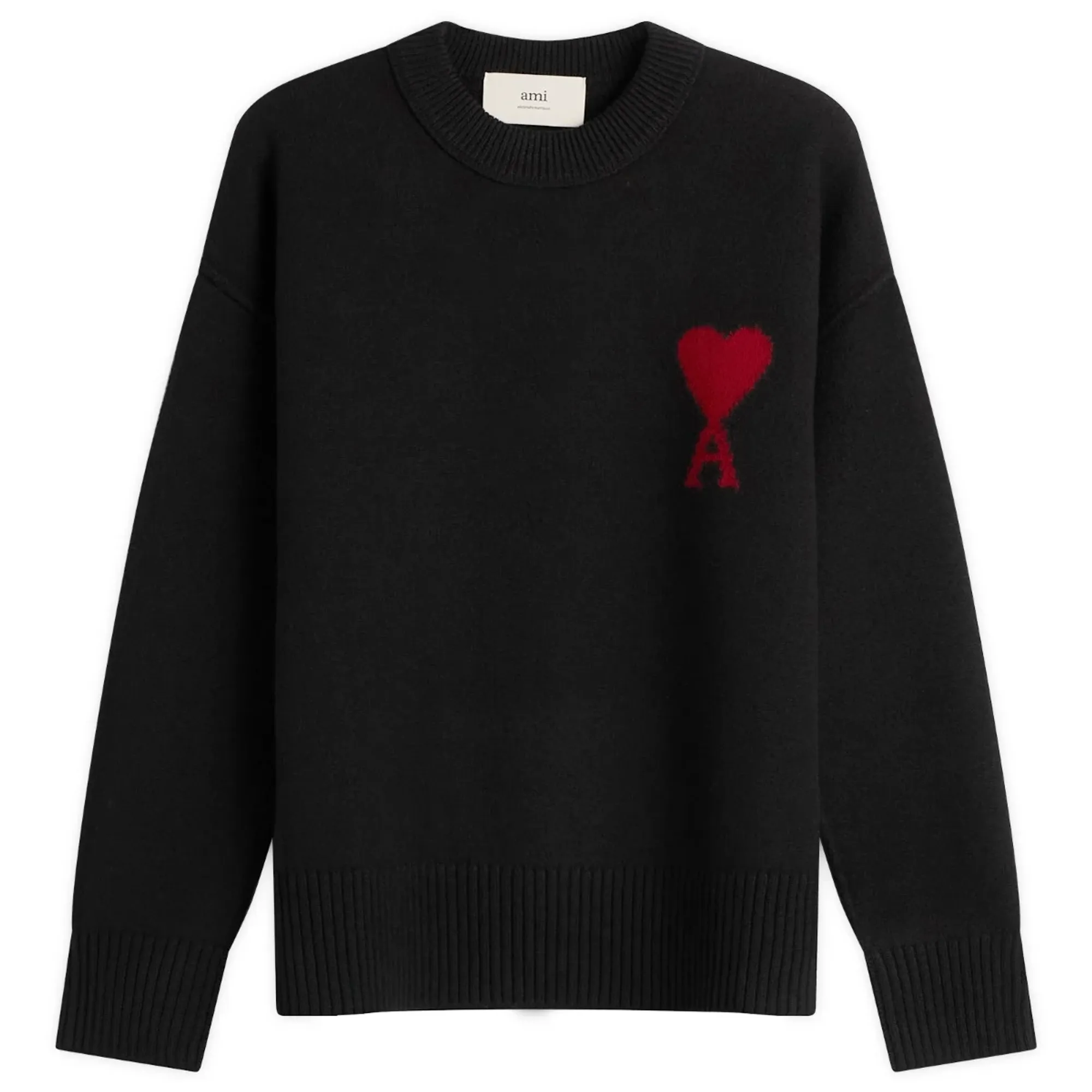 AMI Paris Men's Crewneck Sweater With Contrasted Ami De Coeur Noir/Rouge