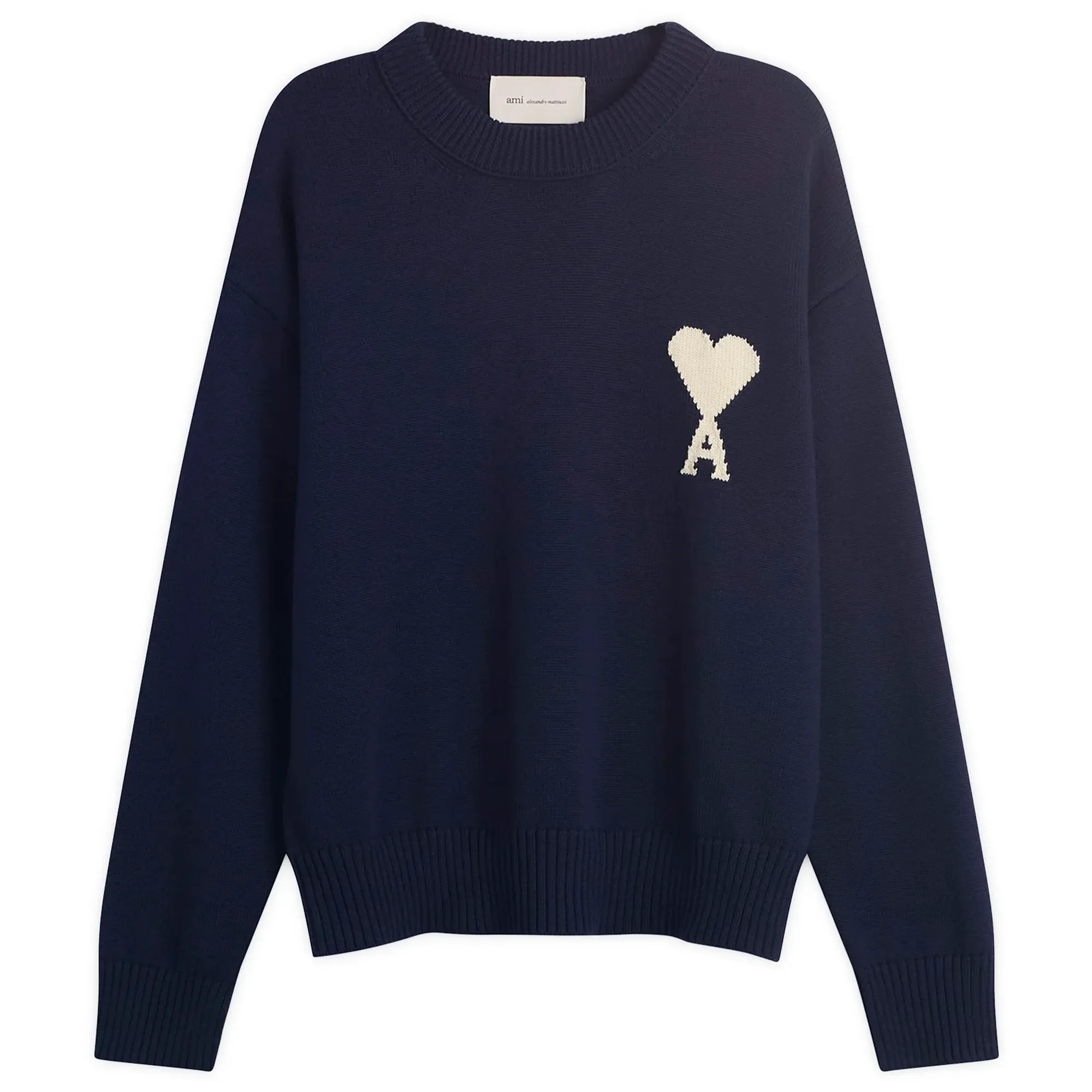 AMI Paris Men's Crewneck Sweater With Contrasted Ami De Coeur Encre/Ecru