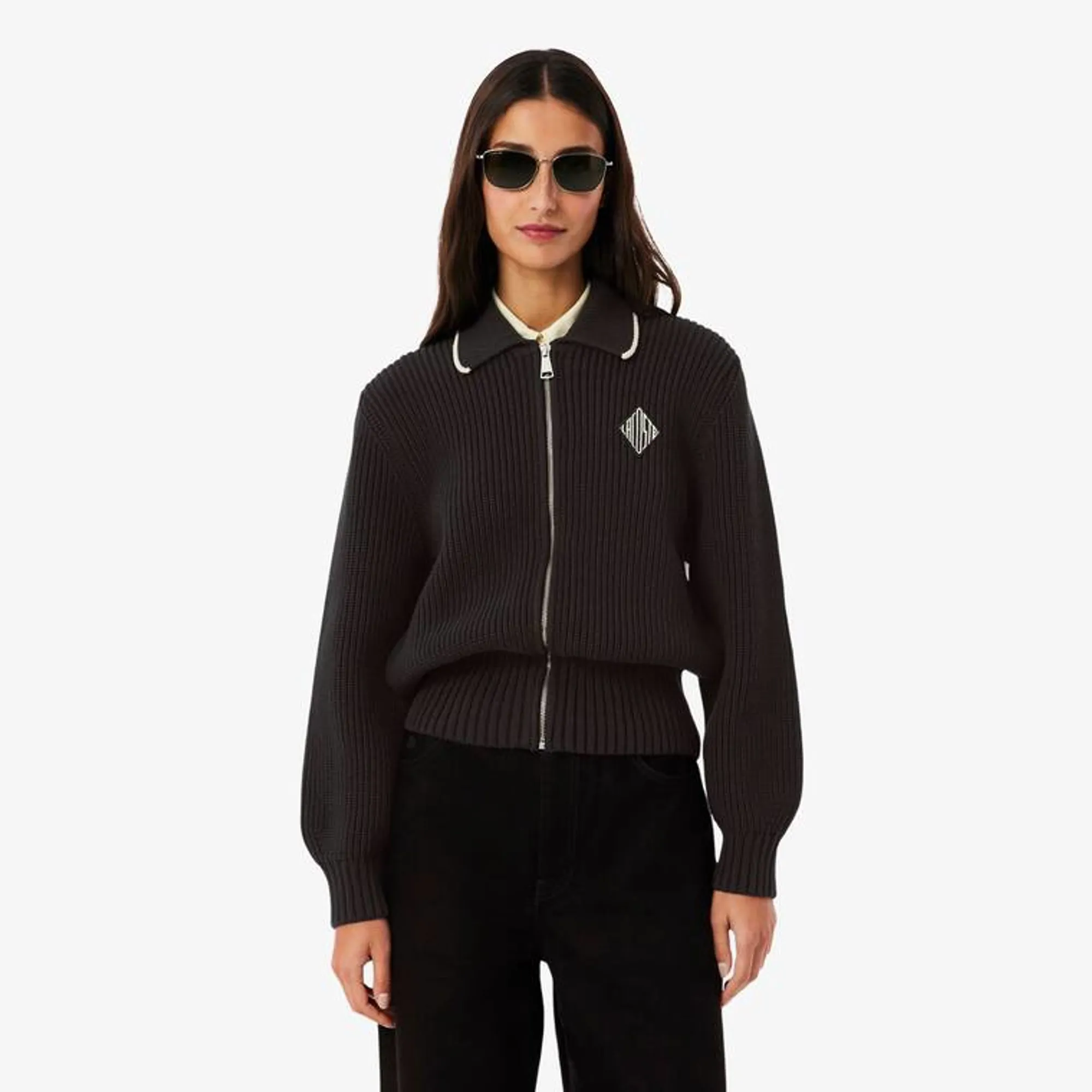 Lacoste Zipped Cotton Badge Accent Sweater - Brown