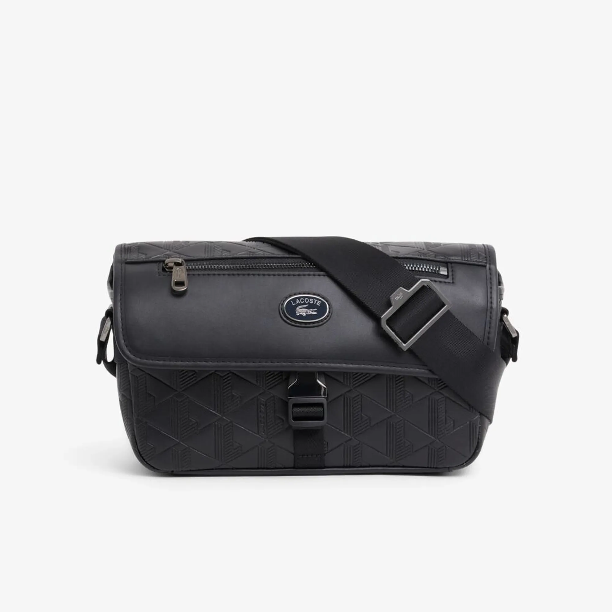 Lacoste Small Monogram Leather Flap Satchel - Black