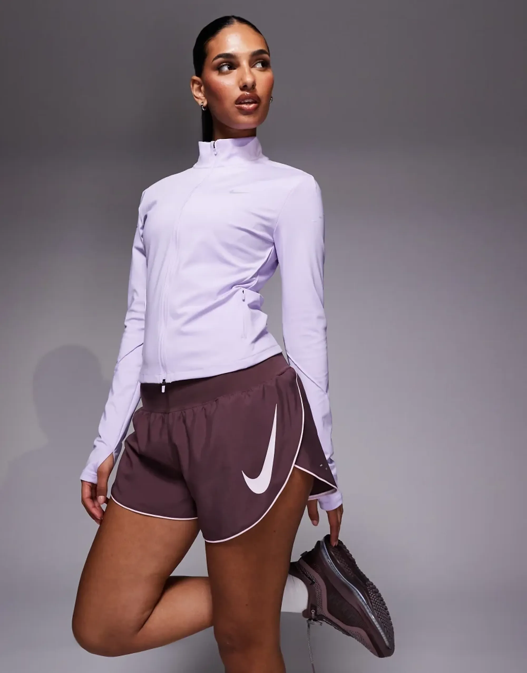 Nike Running Tempo Dri-Fit Mid Rise Swoosh Shorts In Brown