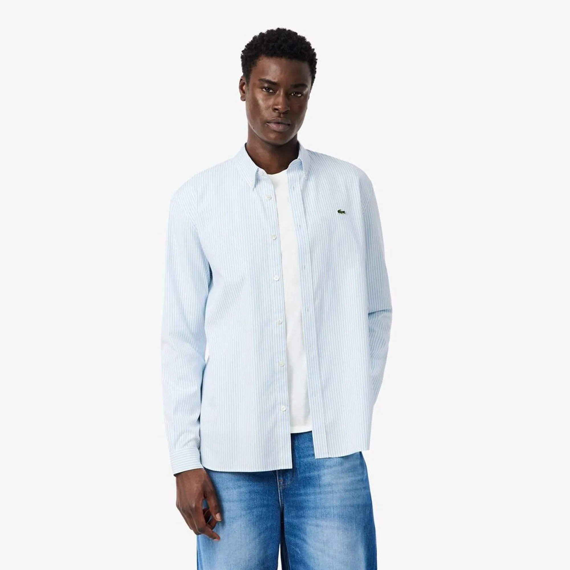 Lacoste Regular Fit Striped Pinpoint Shirt - White / Light Blue
